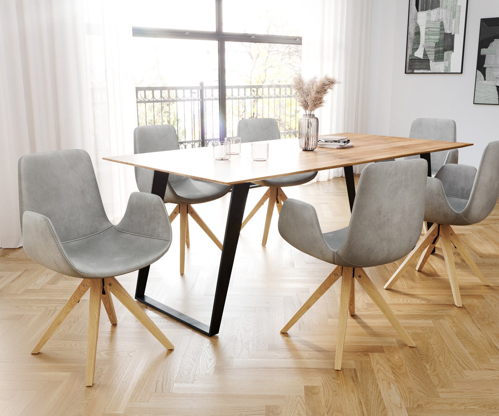 Eetkamerstoel Ilia-Flex met armleuning fluweel grijs houten frame hoekig natuur 3 Eetkamerstoel Ilia-Flex met armleuning fluweel grijs houten frame hoekig natuur 3