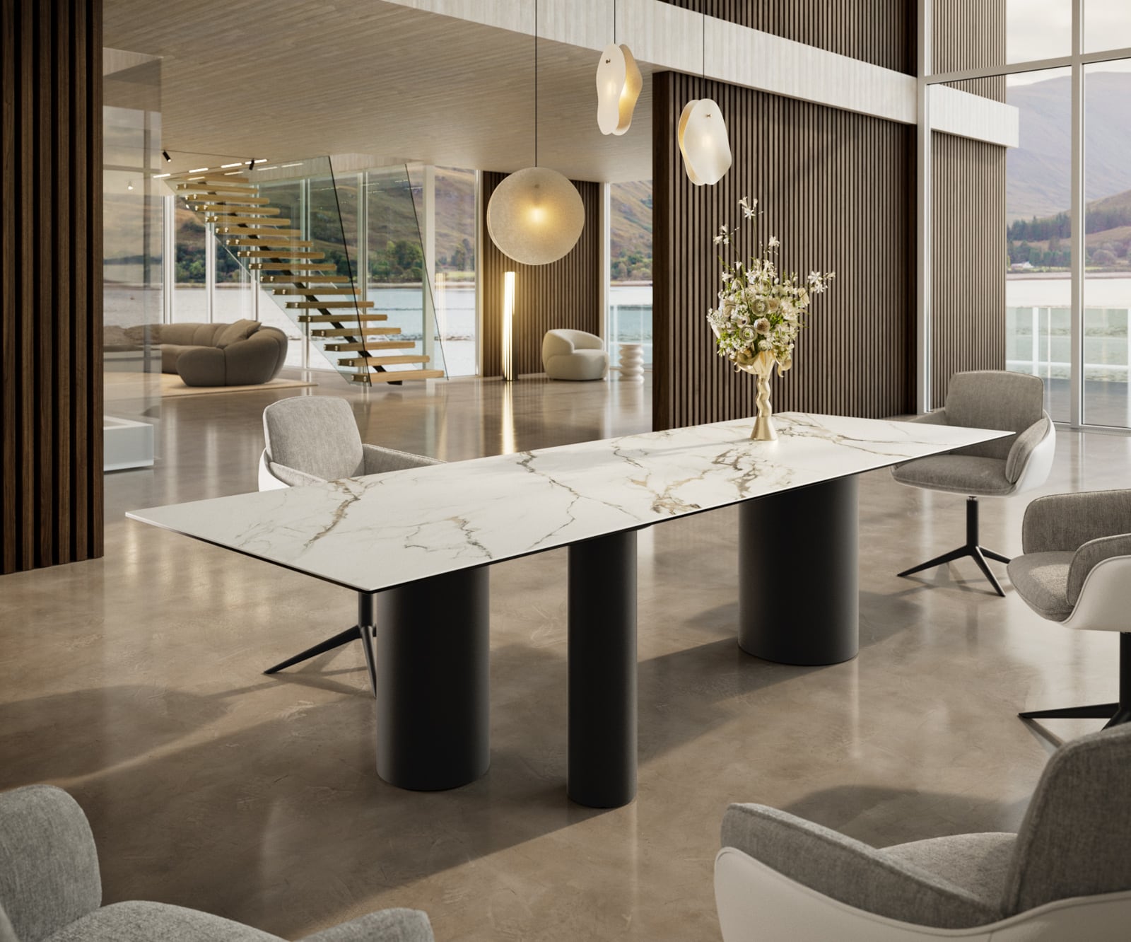 Eettafel Edge 300x100 keramiek  Calacatta Luxe wit-goud-grijs Troa metaal zwart 2