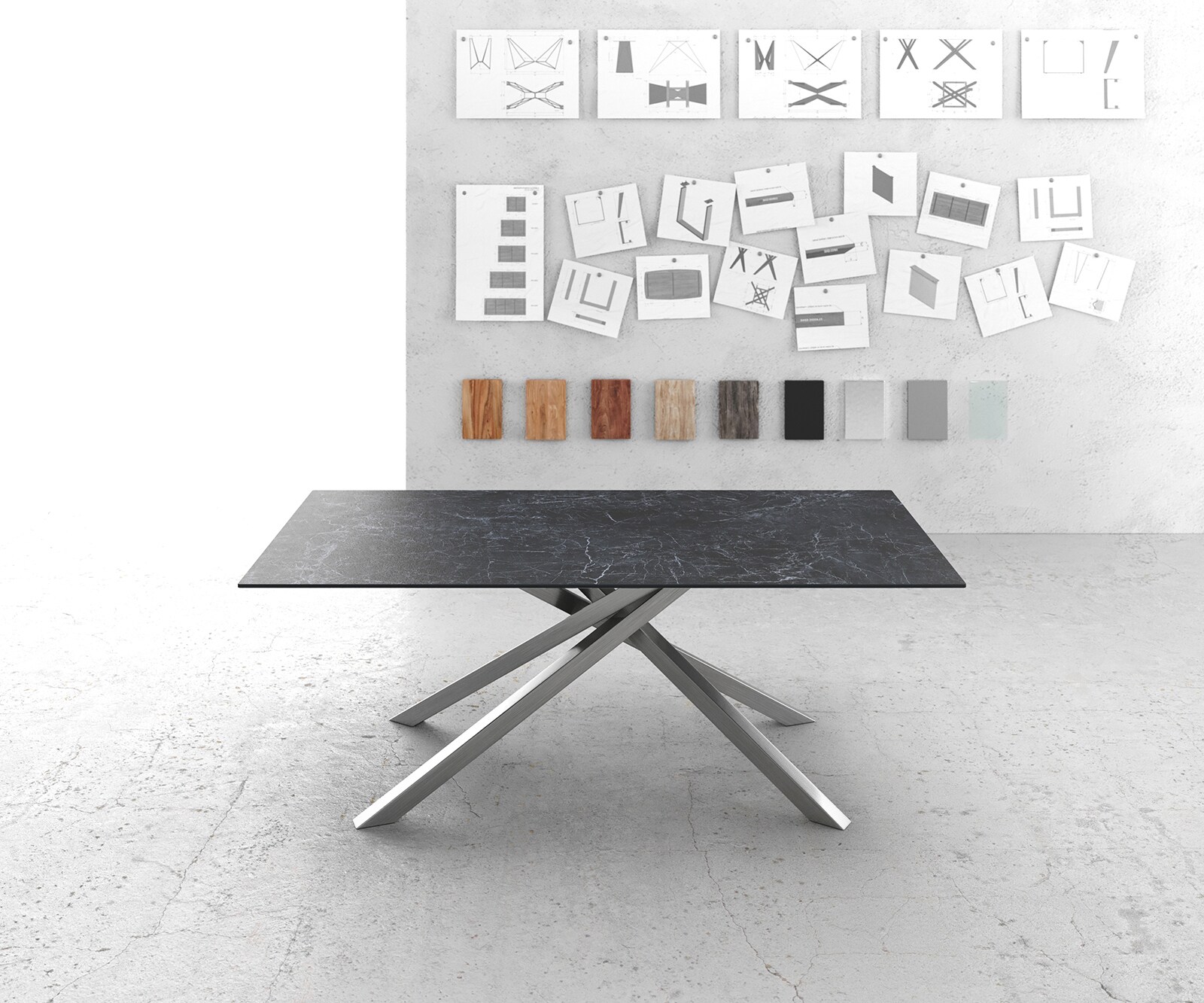 Eettafel Edge 200x100cm Laminam® keramiek grijs middenpoot kruis zilver 1