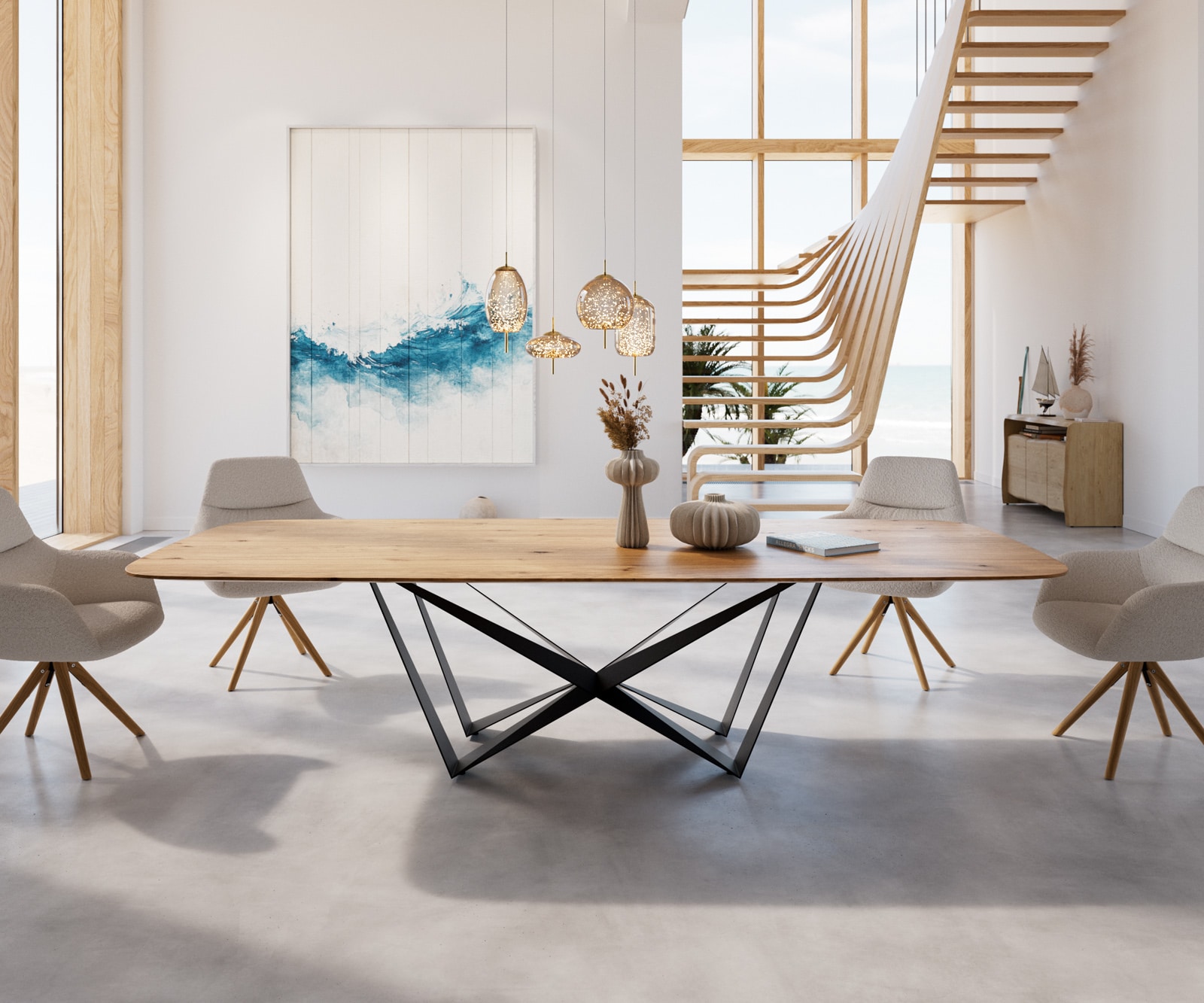 Eettafel Edge Boot 300x120x2,5-3 eiken natuur Spider staal  zwart  Schweizer Kante 2