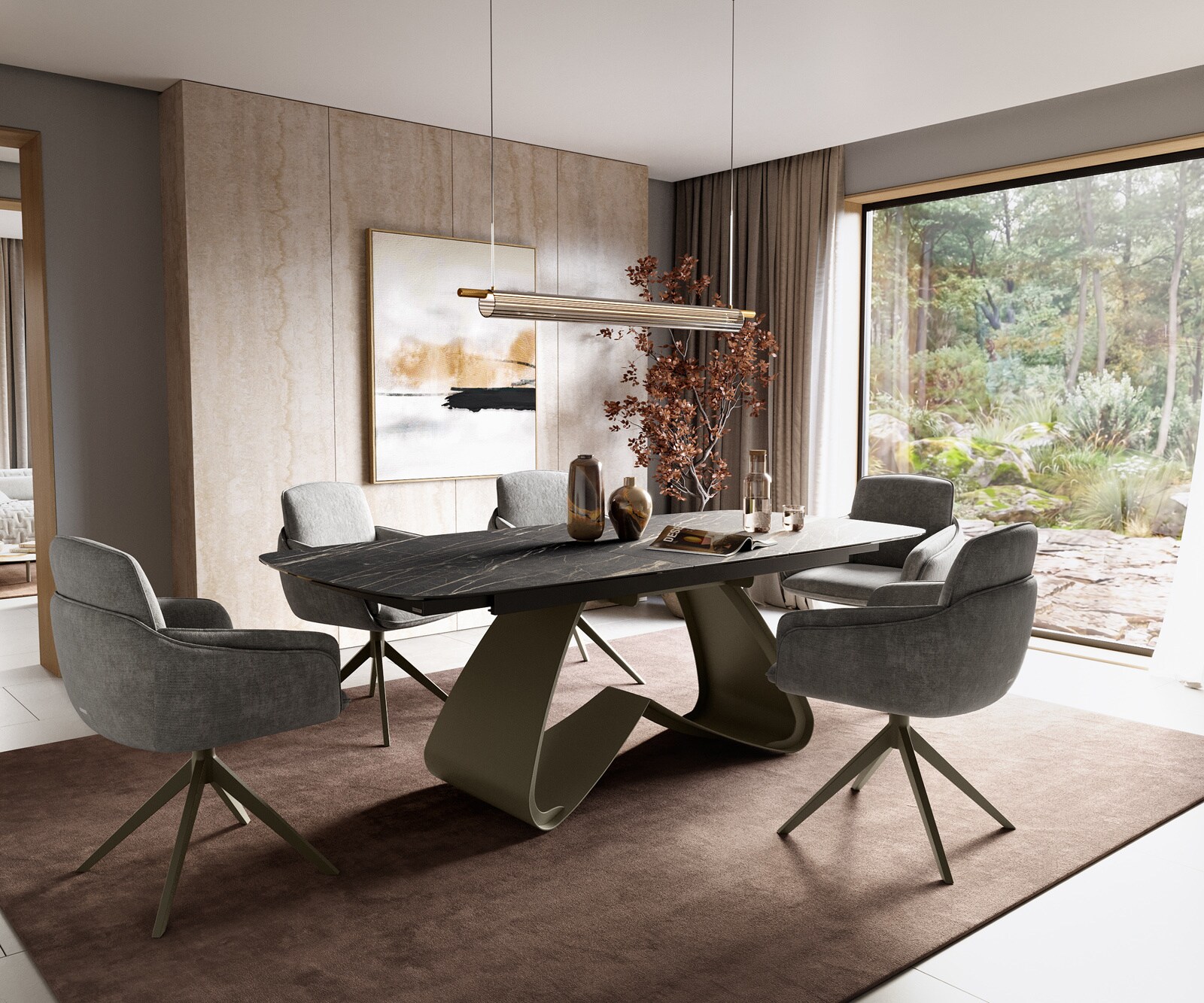Eettafel Edge Boot 180-220x100 cm Laminam® Keramiek Noir Desir Braun W-onderstel Effectafwerking Titan uitschuifbaar 6