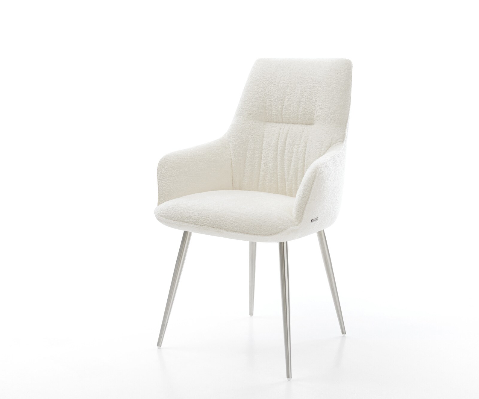 Eetkamerstoel Zelia-Flex met armleuning bouclé zacht beige 4-poot conisch roestvrij staal pocketveer kern 1