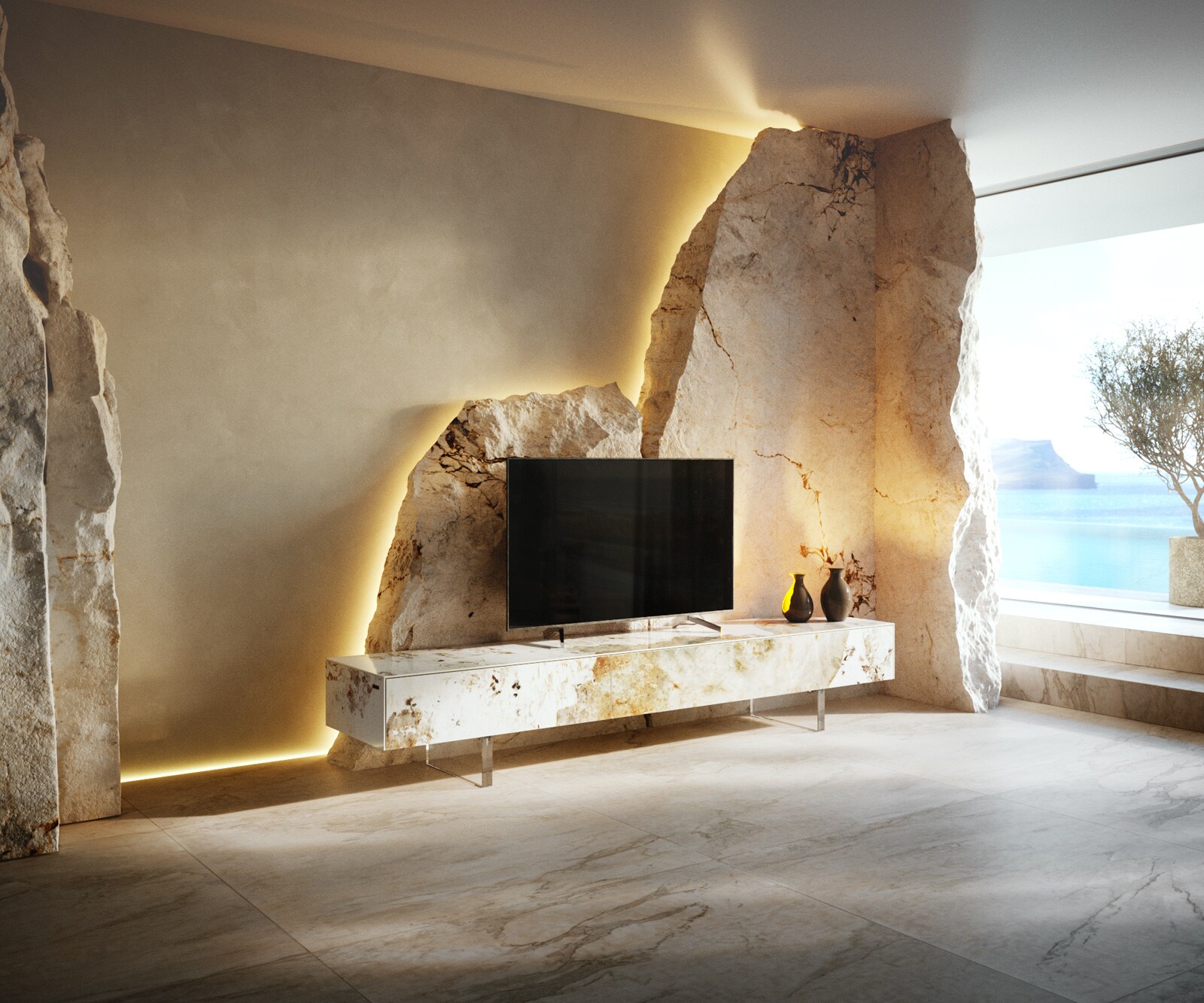 Tv-meubel Cuor 200 cm Keramiek Minas Melange Wit-beige 1 Flap 1 Lade Zwevende voet look Acrylglas 1