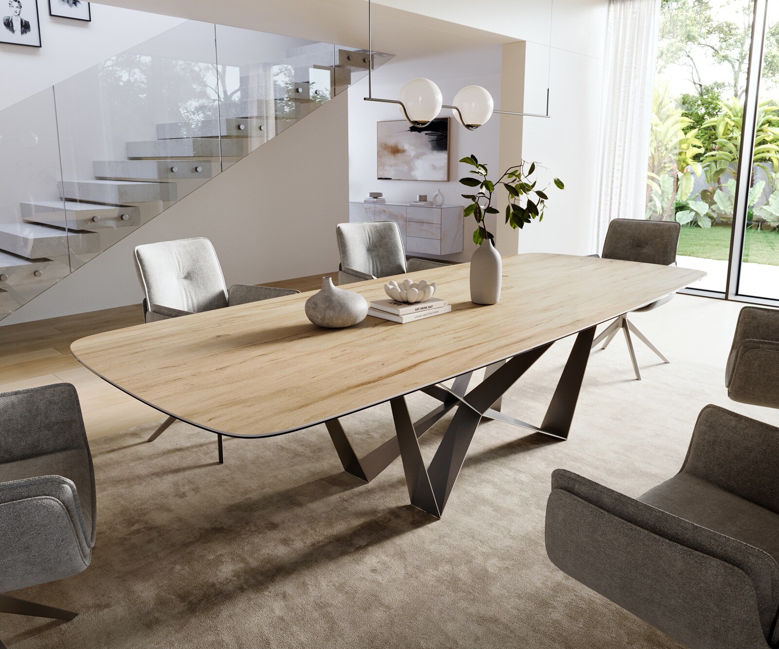 Eettafel Edge Boot 300x120 cm Keramiek Laminam® Sabbia Eichefarbig Spider Flachstahl Roestvrij staal Grafiet 1