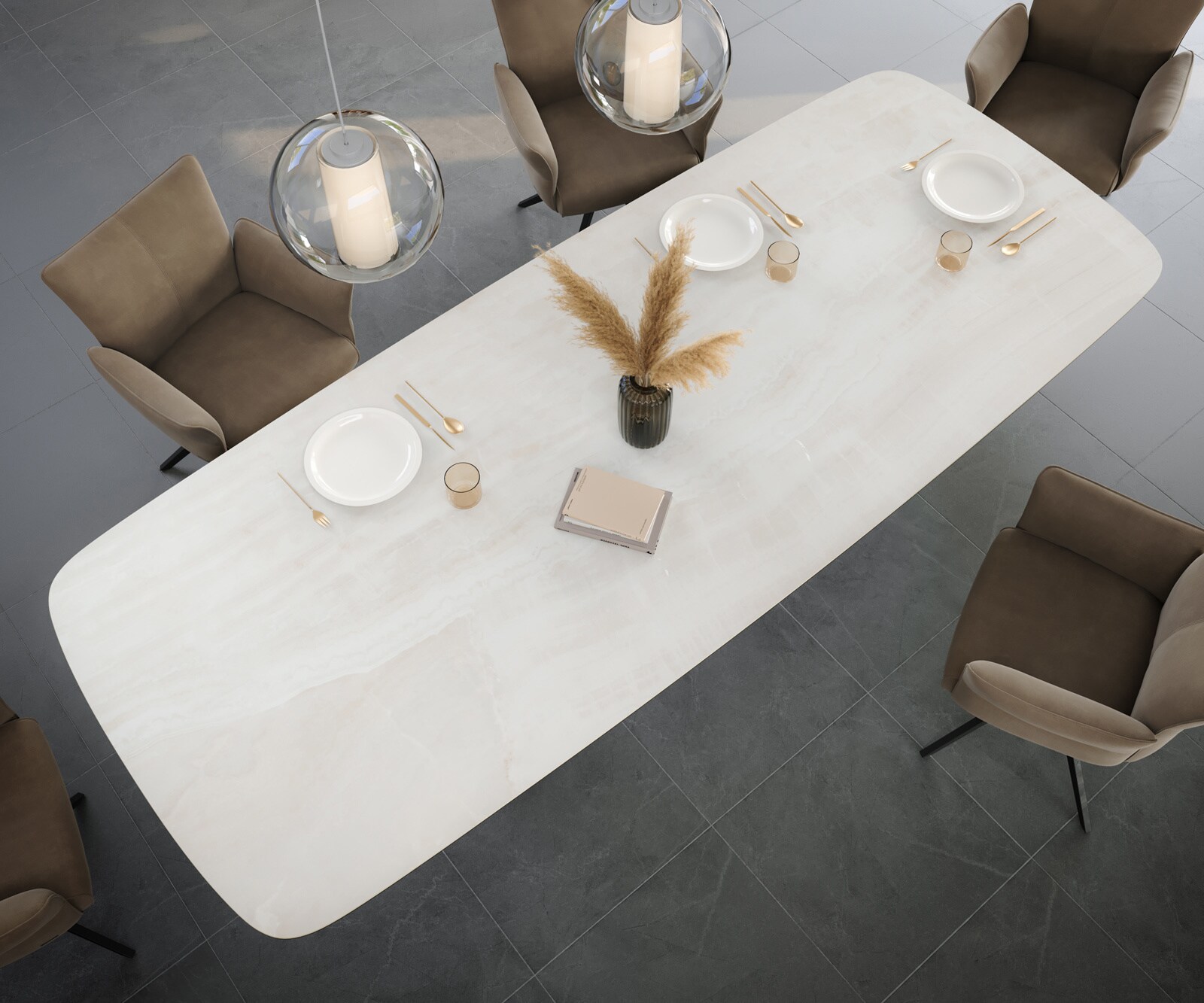 Eettafel Edge Boot 300x120 cm Keramiek Onyx Champagne Origami Metaalic Goud 4