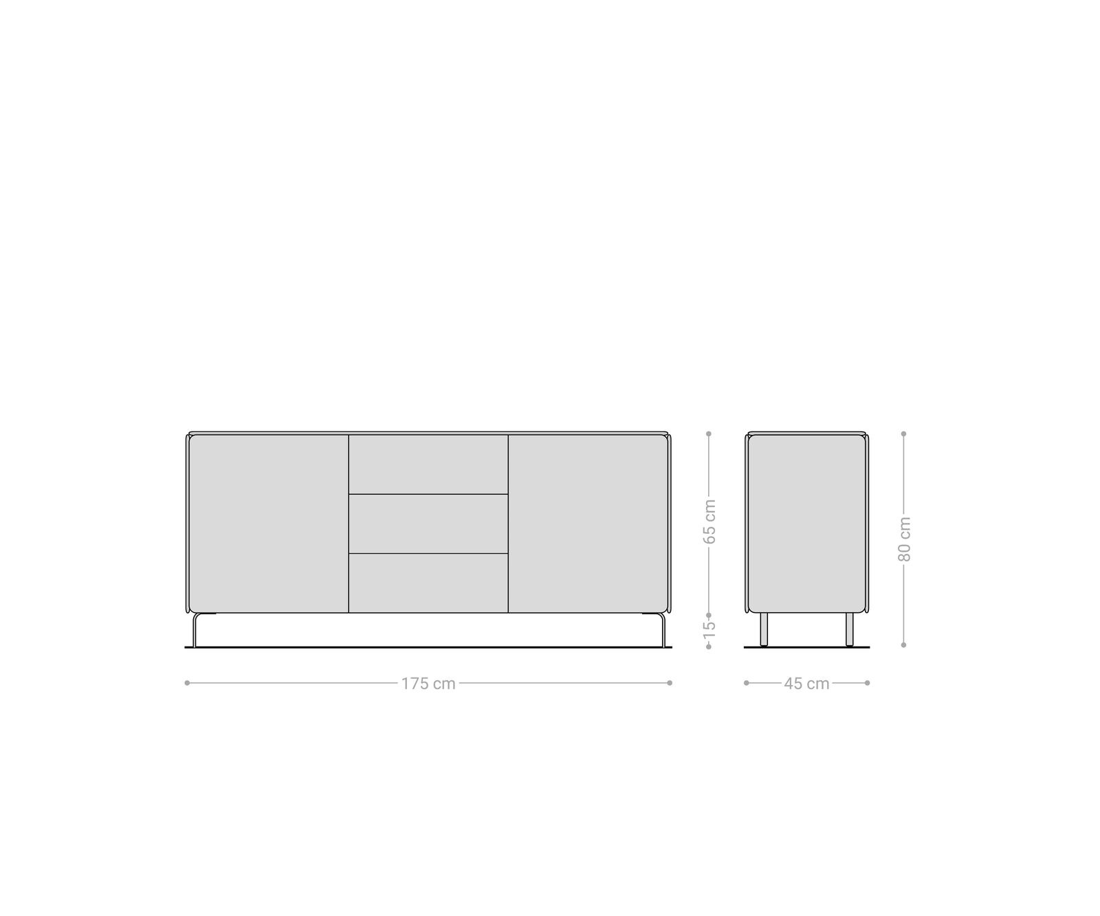 Dressoir Shavani 175 cm acacia natuur 2 deuren 3 lades L-poot RVS zilver 6