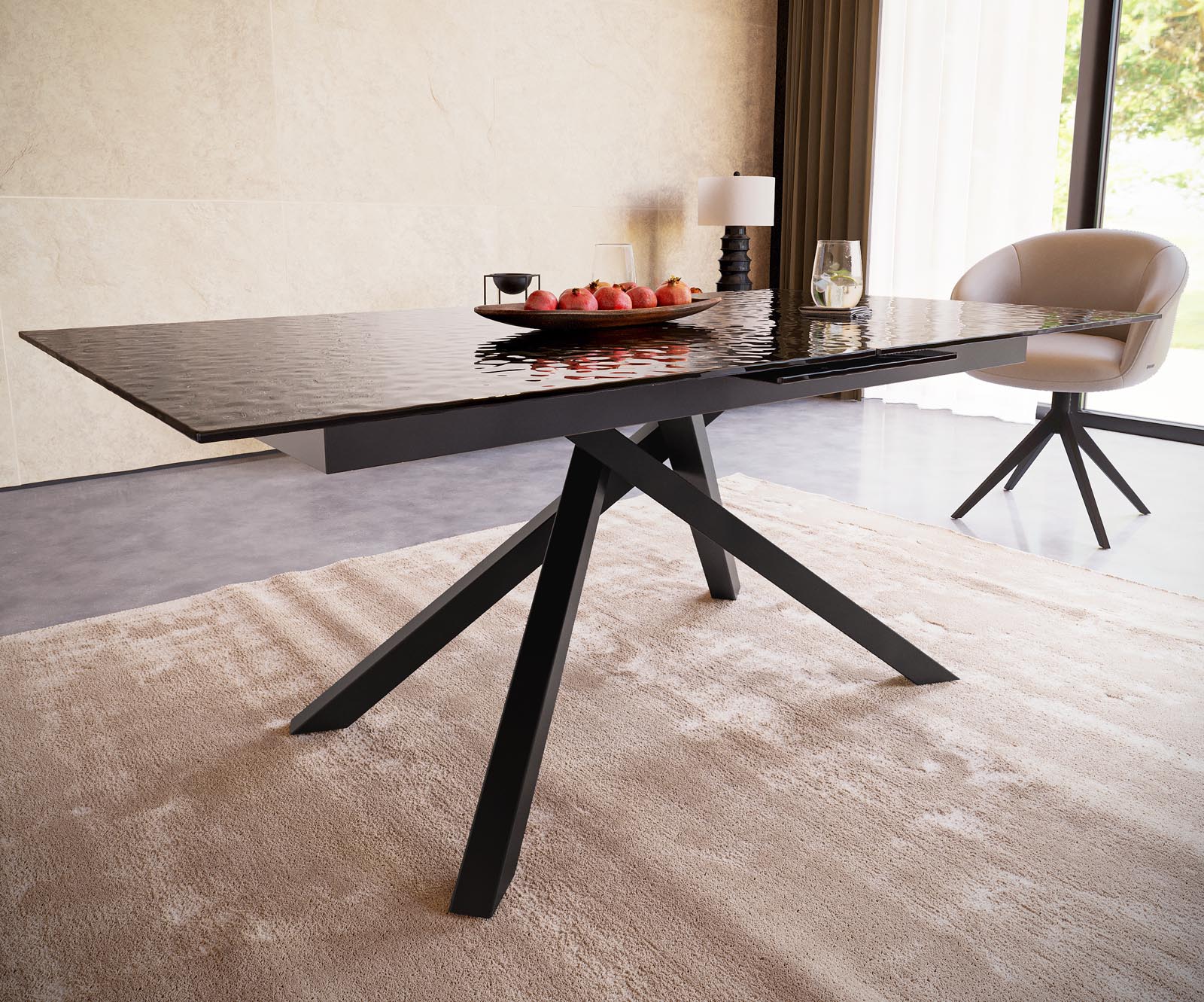 Eetkamertafel Edge 180-220x100 Glas smelten rokerig zwart 3D-Relief kruisframe rechthoek zwart uitschuifbaar 4 Eetkamertafel Edge 180-220x100 Glas smelten rokerig zwart 3D-Relief kruisframe rechthoek zwart uitschuifbaar 4