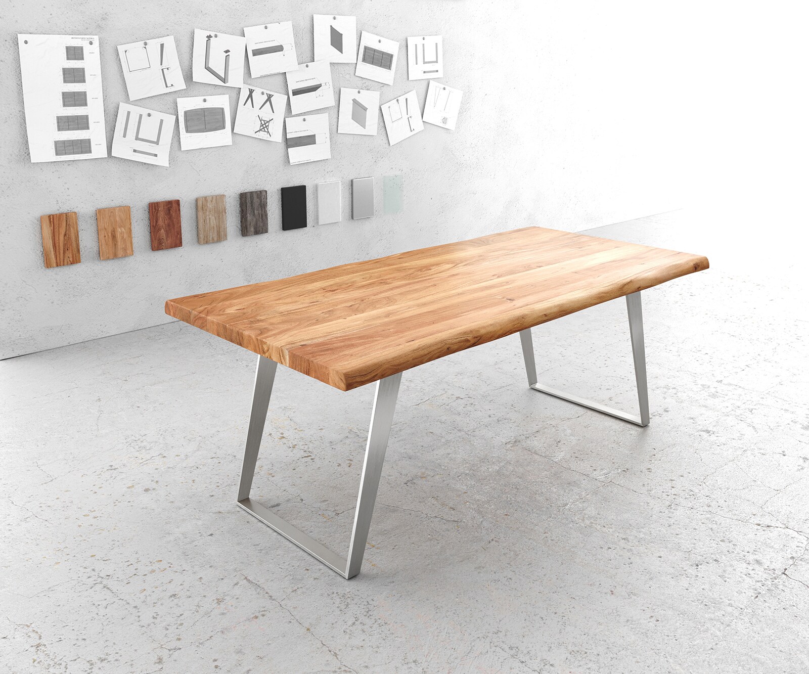 Eettafel Edge 200x100cm XL acacia natuur roestvrijstaal zilver schuin Live-Edge 1