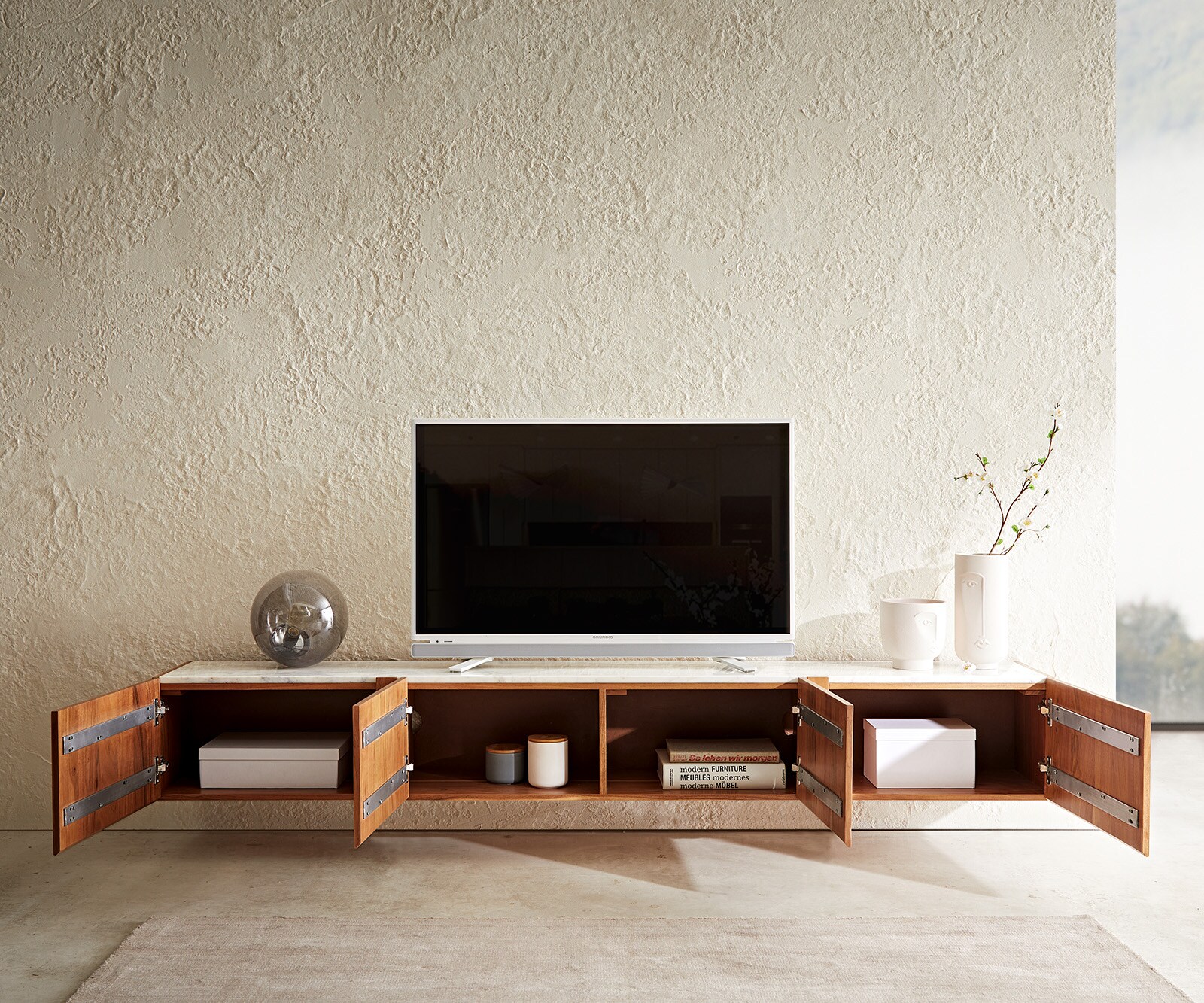 TV-meubel Secara 220 cm acacia natuur 4 deuren marmer zwevend 5