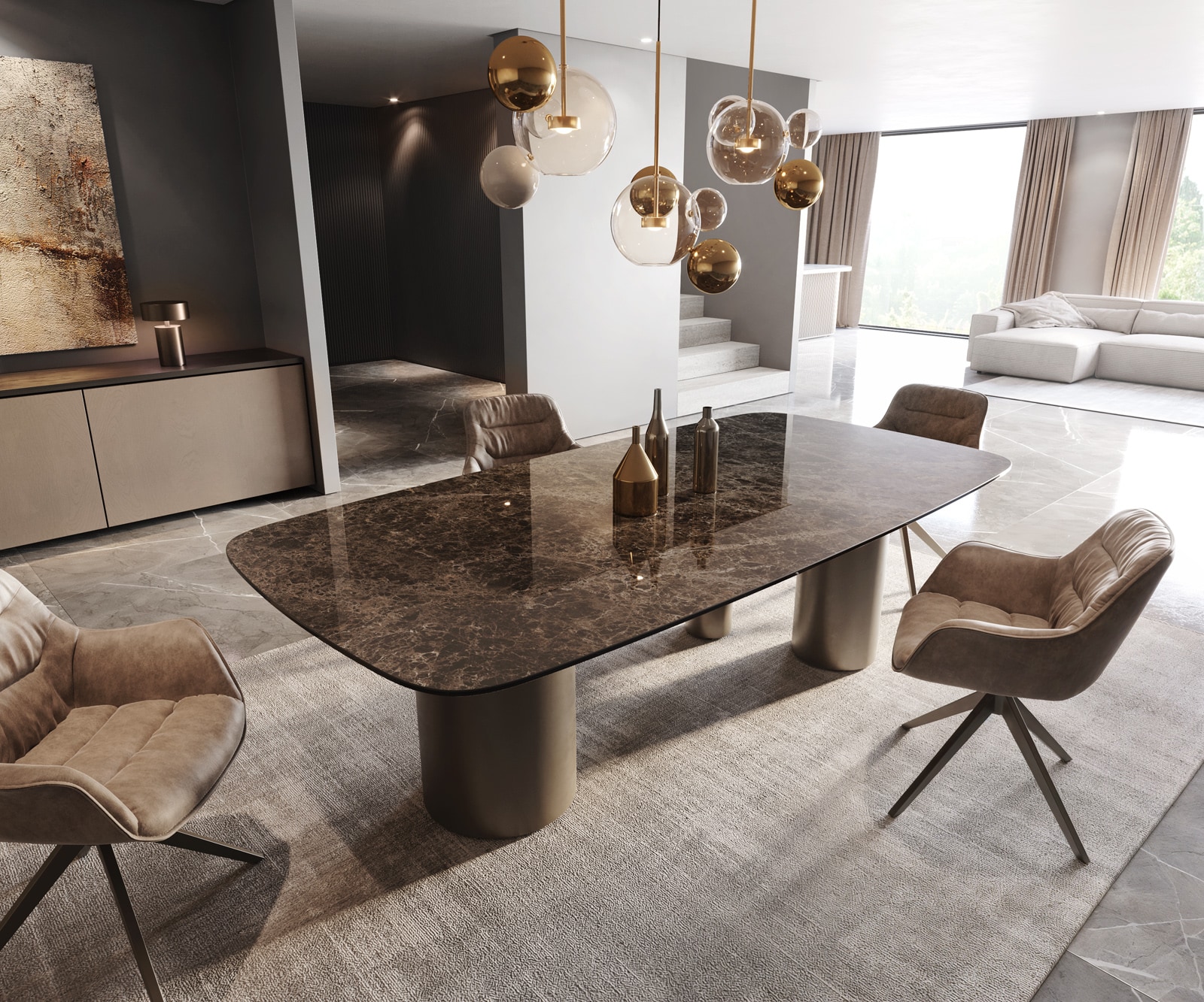 Eetkamertafel Edge Boot 240x120 Laminam® Emperador Extra Lucidato donkerbruin Troa metaal effectafwerking titaan 1