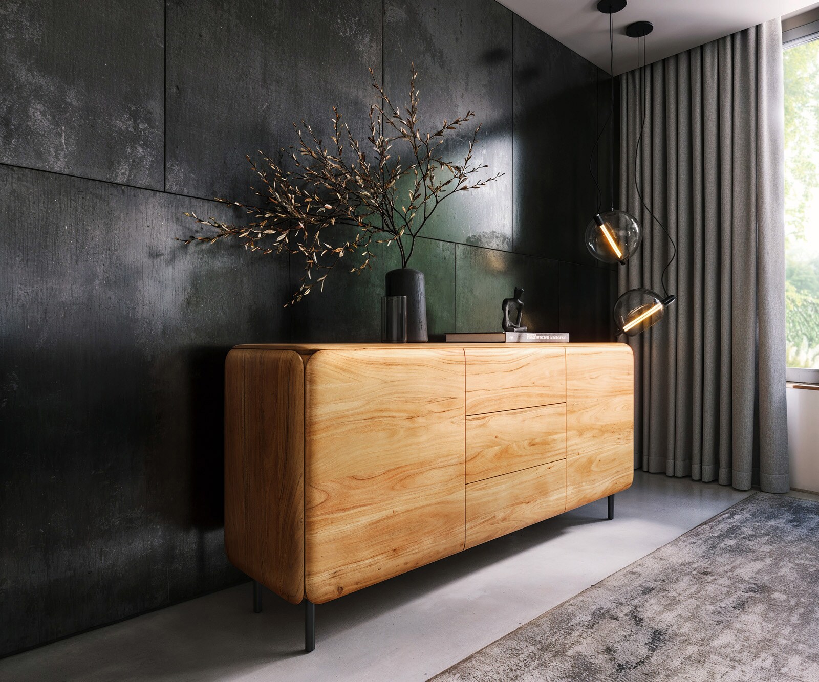 Dressoir Shavani 175 cm acacia natuur 2 deuren 3 lades Ronde voet Metaal Zwart