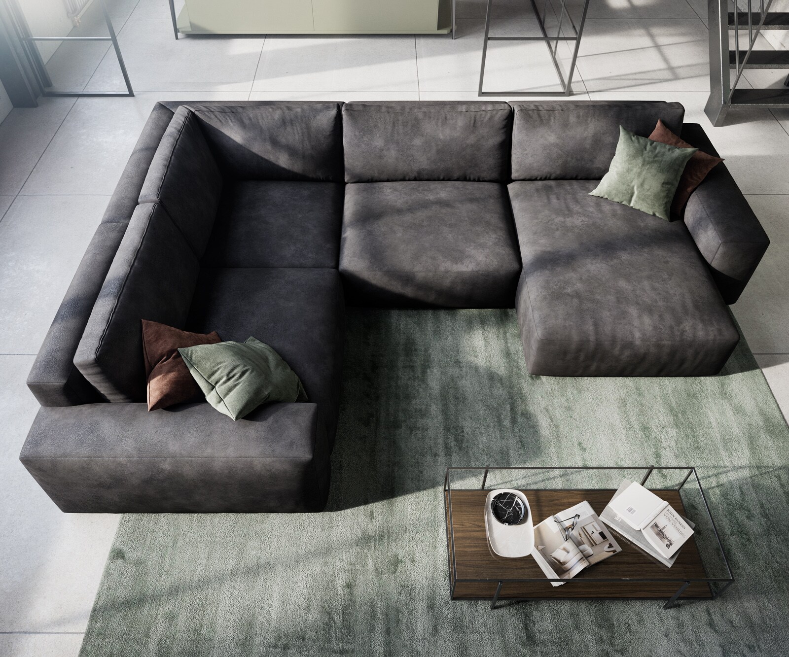 Woonlandschap Lanzo 300x210 cm kunstleer vintage antraciet met variabele recamière en hocker 3