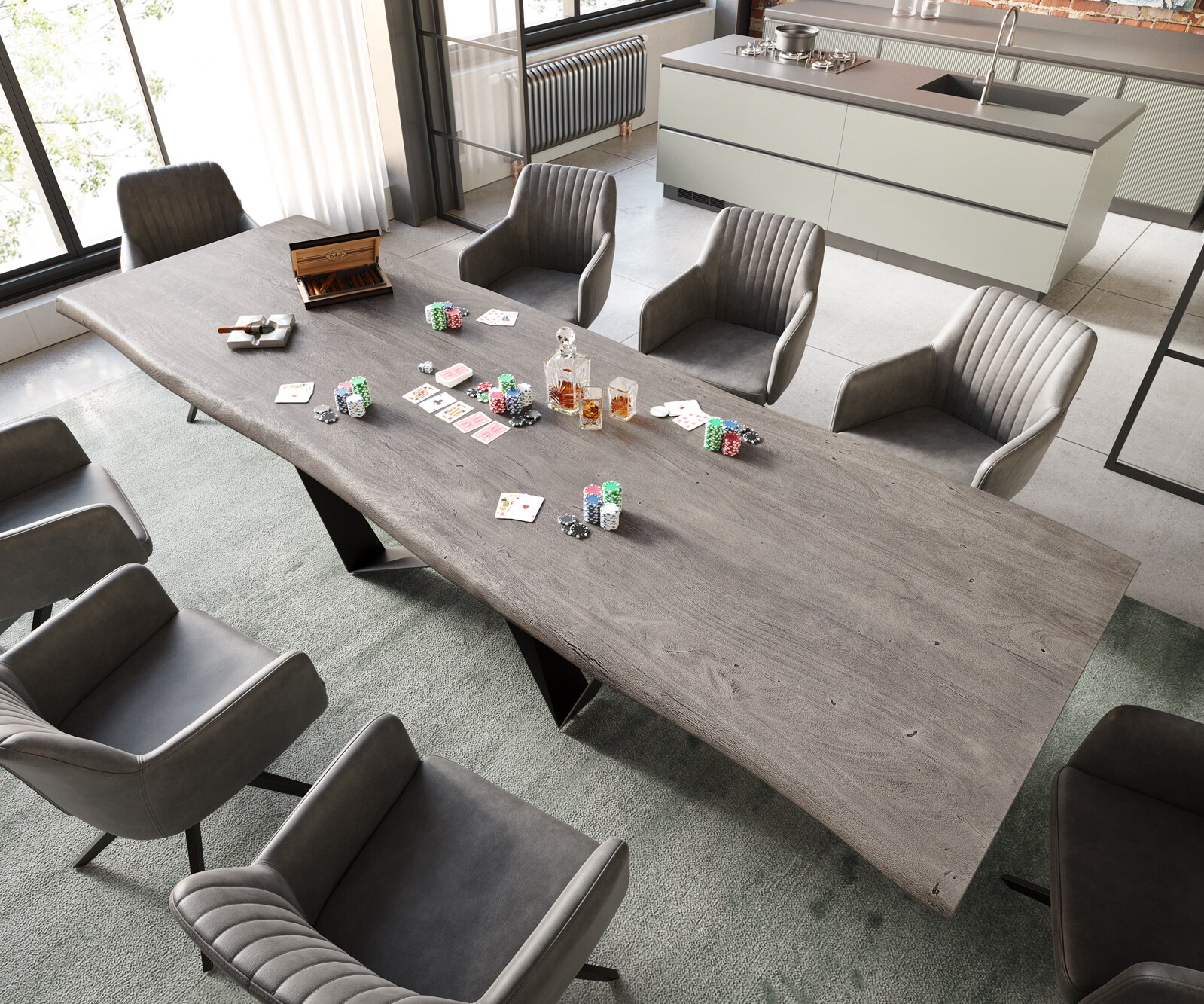 Eettafel Edge 300x100 XL acacia platina  Spider staal  zwart  Live-Edge 2
