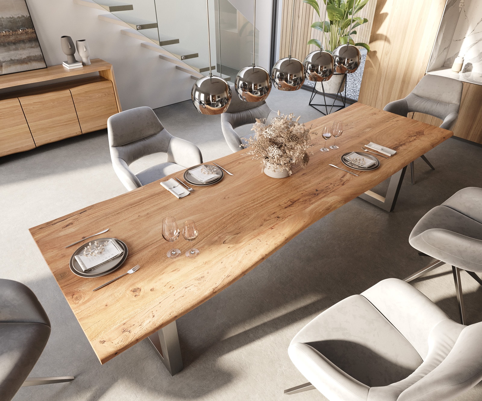 Eettafel Edge 300x100 acacia natuur roestvrijstaal breed Live-Edge 5