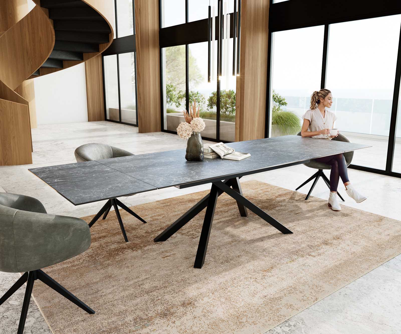 Eetkamertafel Edge 200-300x100 keramiek Laminam®Nero Greco grijs kruisframe rechthoek zwart uitschuifbaar 6