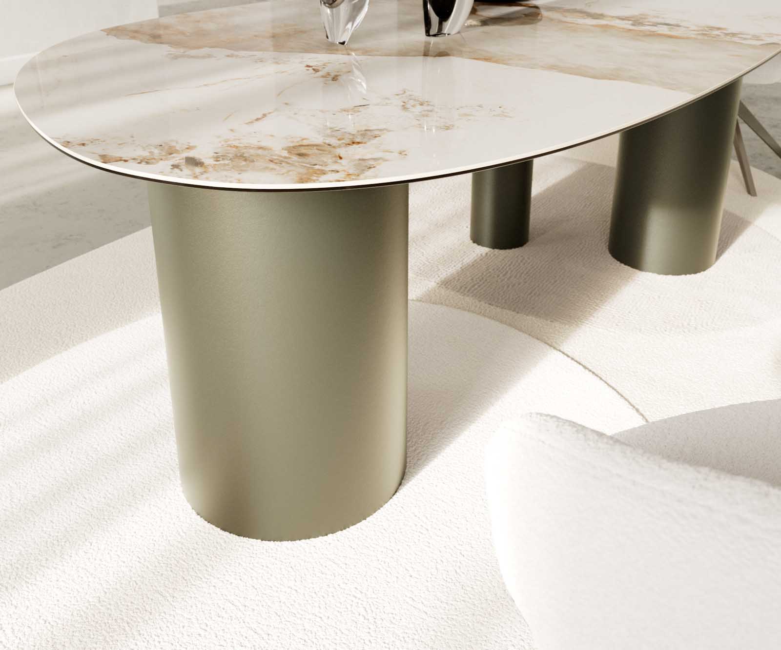 Eettafel Edge ovaal 220x120 keramiek Minas Melange wit-beige Troa metaal effect afwerking titanium 5