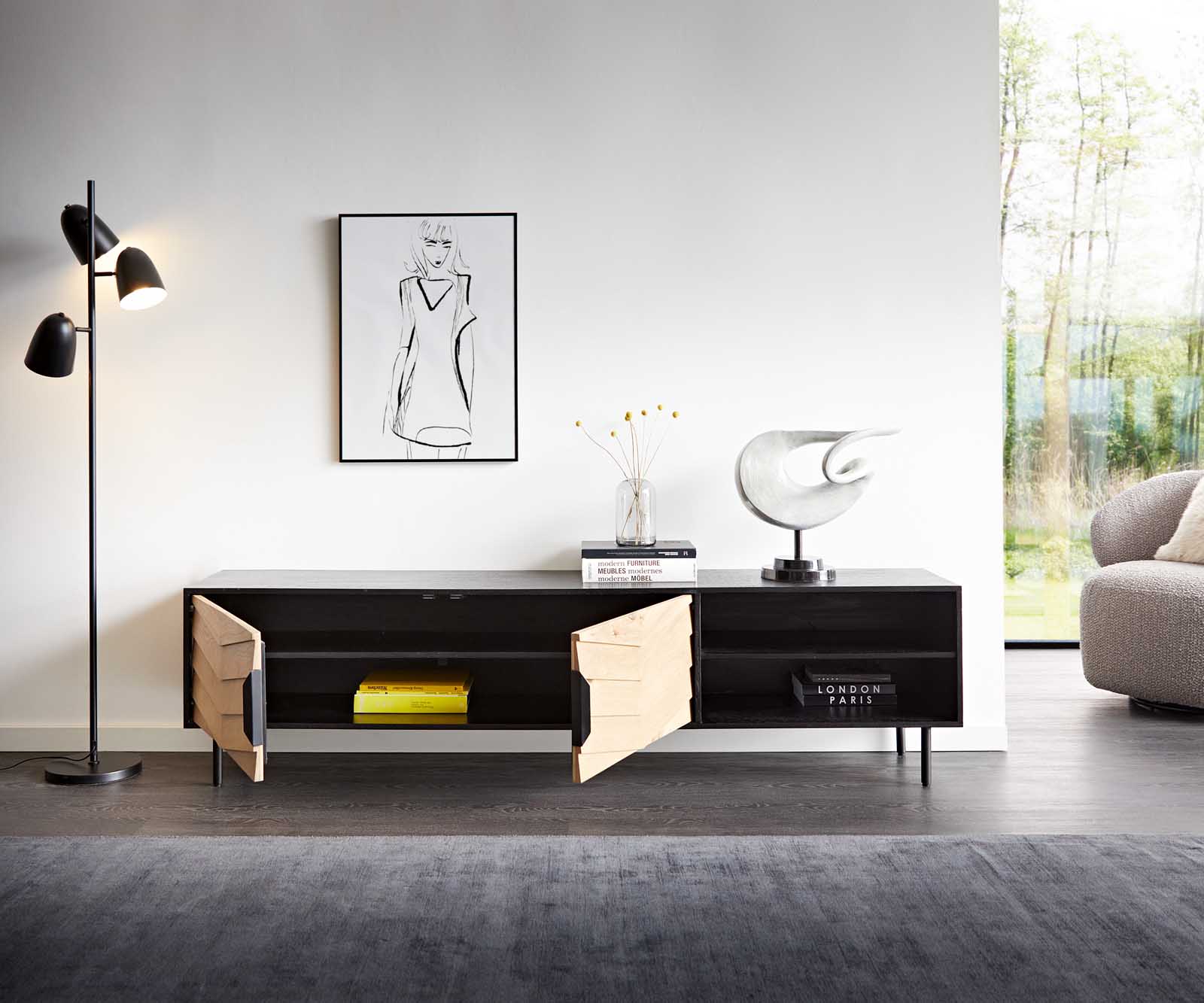 Tv-meubel Muvi 200 cm natuur eiken mango zwart metaal zwart 2 deuren 2 vakken 3