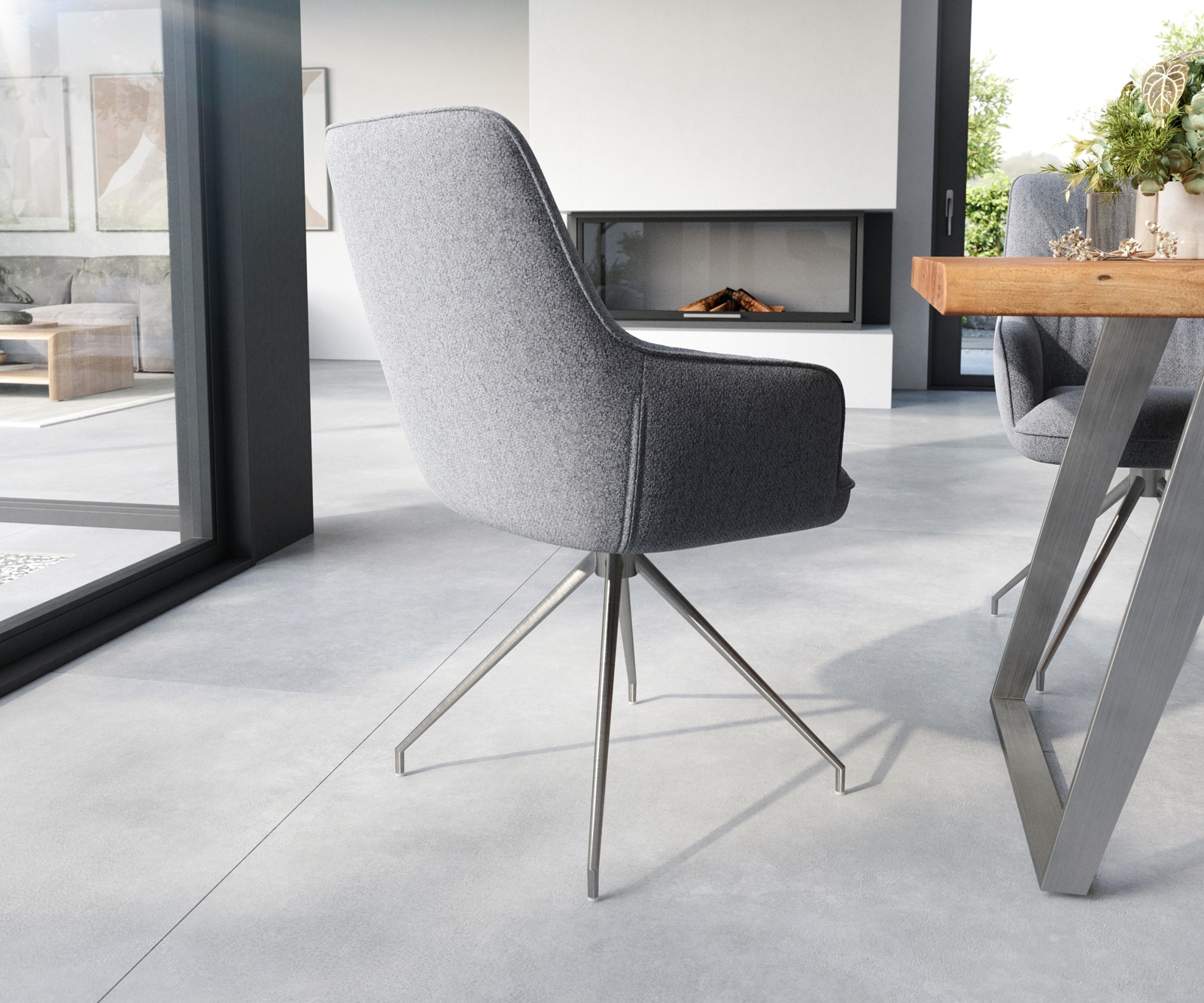 Eetkamerstoel Zelia-Flex met armleuning structuurstof lichtgrijs kruisframe conisch roestvrij staal pocketveer kern 4 Eetkamerstoel Zelia-Flex met armleuning structuurstof lichtgrijs kruisframe conisch roestvrij staal pocketveer kern 4