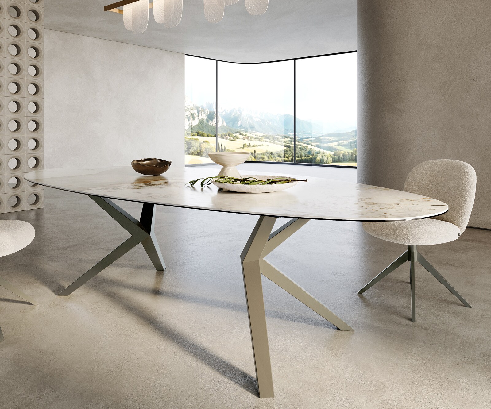 Eetkamertafel Edge ovaal 280x130 keramiek Minas Melange wit-Beige Zenthara hoekig metaal effectafwerking titaan 5