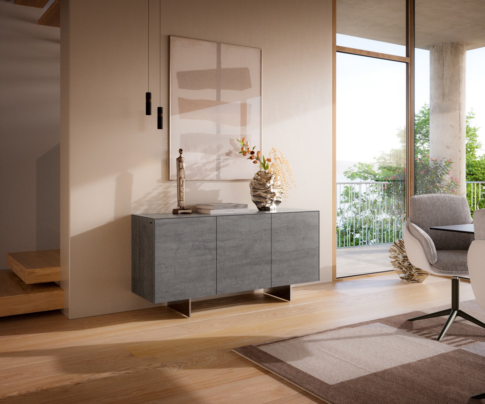 Dressoir Cuor 150 cm Keramiek Beton Grijs 3 Deuren Zwevende voet look Roestvrij staal 1