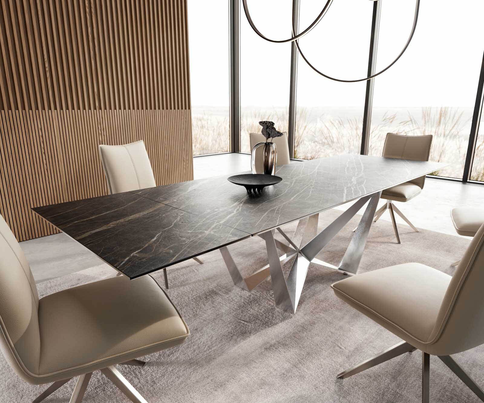 Eetkamertafel Edge 200-300x100 keramiek Laminam®Noir Desir bruin spider vlak staal RVS uitschuifbaar 1