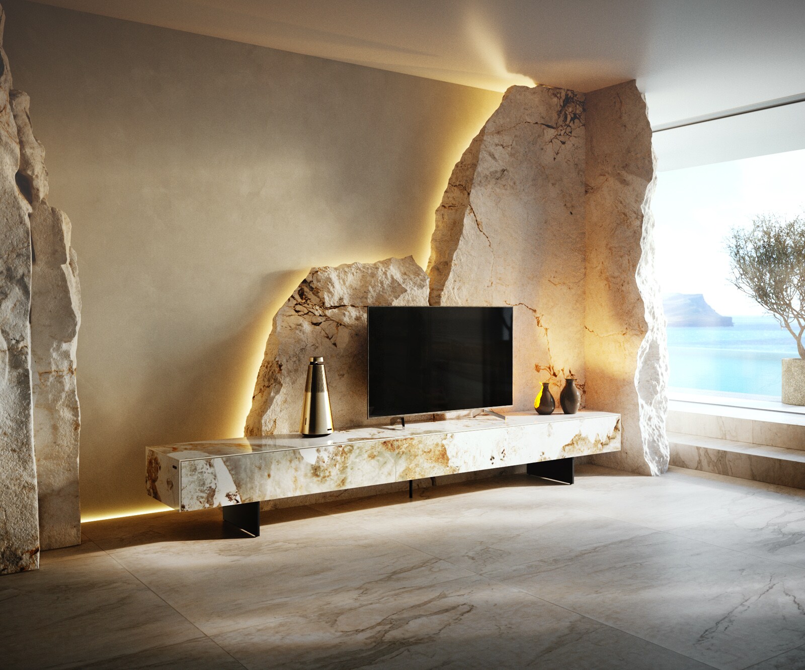 Tv-meubel Cuor 250 cm Keramiek Minas Melange Wit-beige 1 Flap 1 Lade Zwevende voet look Metaal Zwart 1