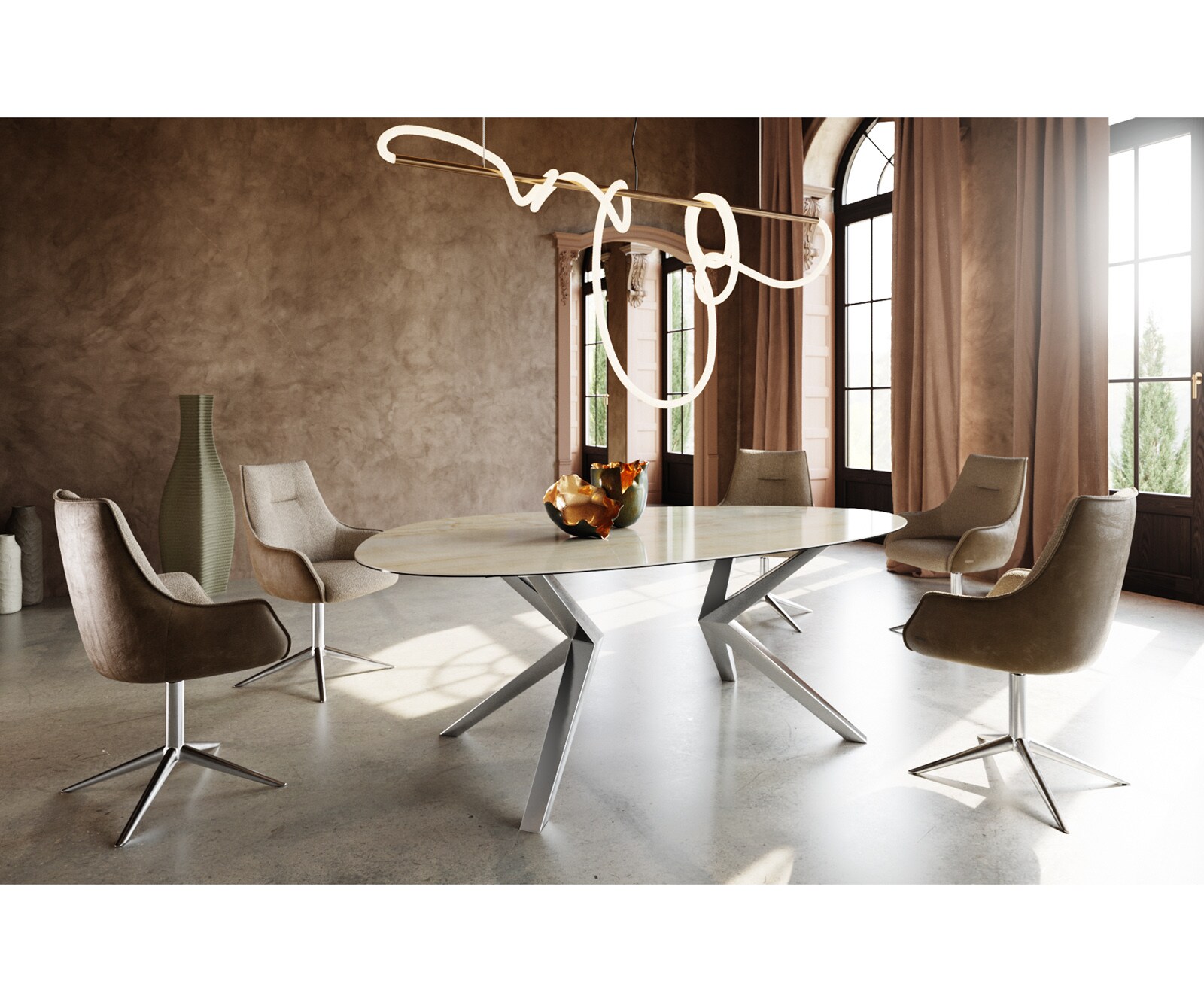 Eetkamertafel Edge ovaal 220x120 keramiek Iris FMG Onice Oro Lucidato natuur​ Zenthara hoekig roestvrij staal 6