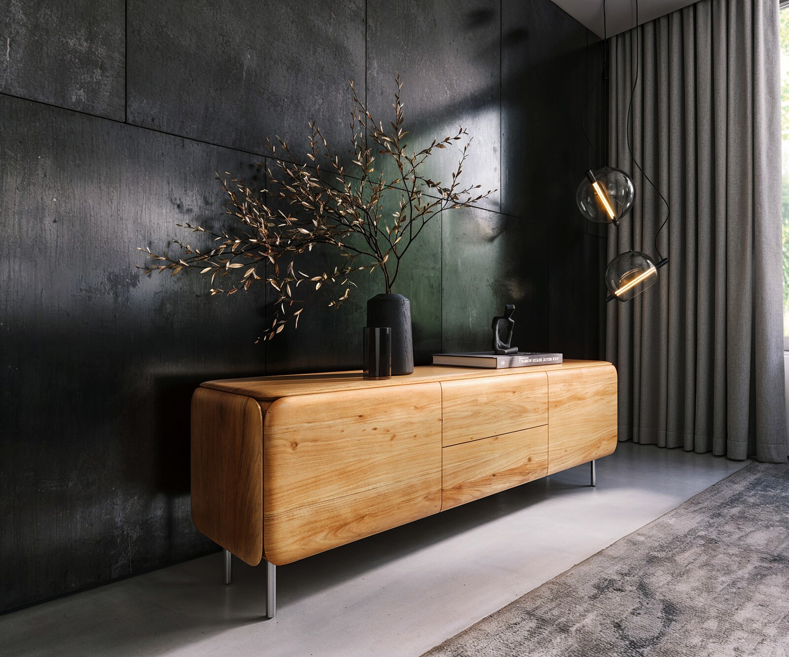 TV-meubel Shavani 175 cm acacia natuur 2 deuren 2 lades ronde voet RVS zilver
