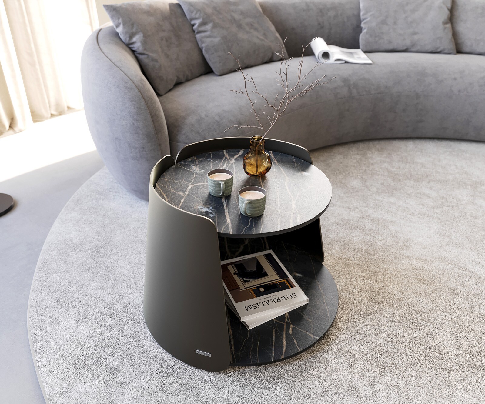 Salontafel Daban 59x59 cm keramiek Laminam®Noir Desir bruin metalen onderstel titaniumkleurig 4