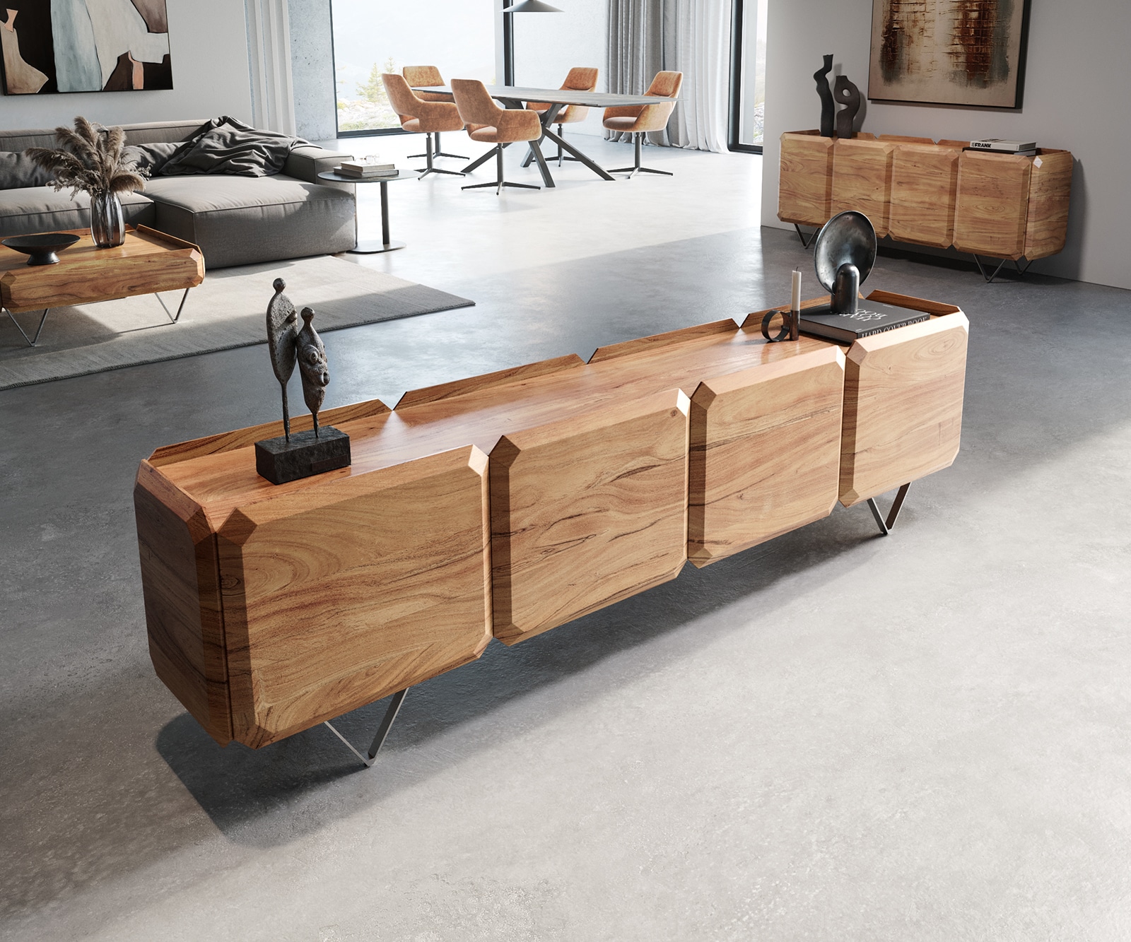 Lowboard Kiano 220 cm Acacia Natuur 4 Deuren V-voet Edelstaal Roomdivider Lowboard Kiano 220 cm Acacia Natuur 4 Deuren V-voet Edelstaal Roomdivider