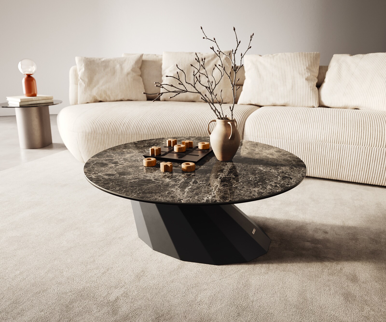 Salontafel Edge rond 90x90 cm keramiek Laminam® Emperador Extra Lucidato donkerbruin Parabi zwart metaal 1