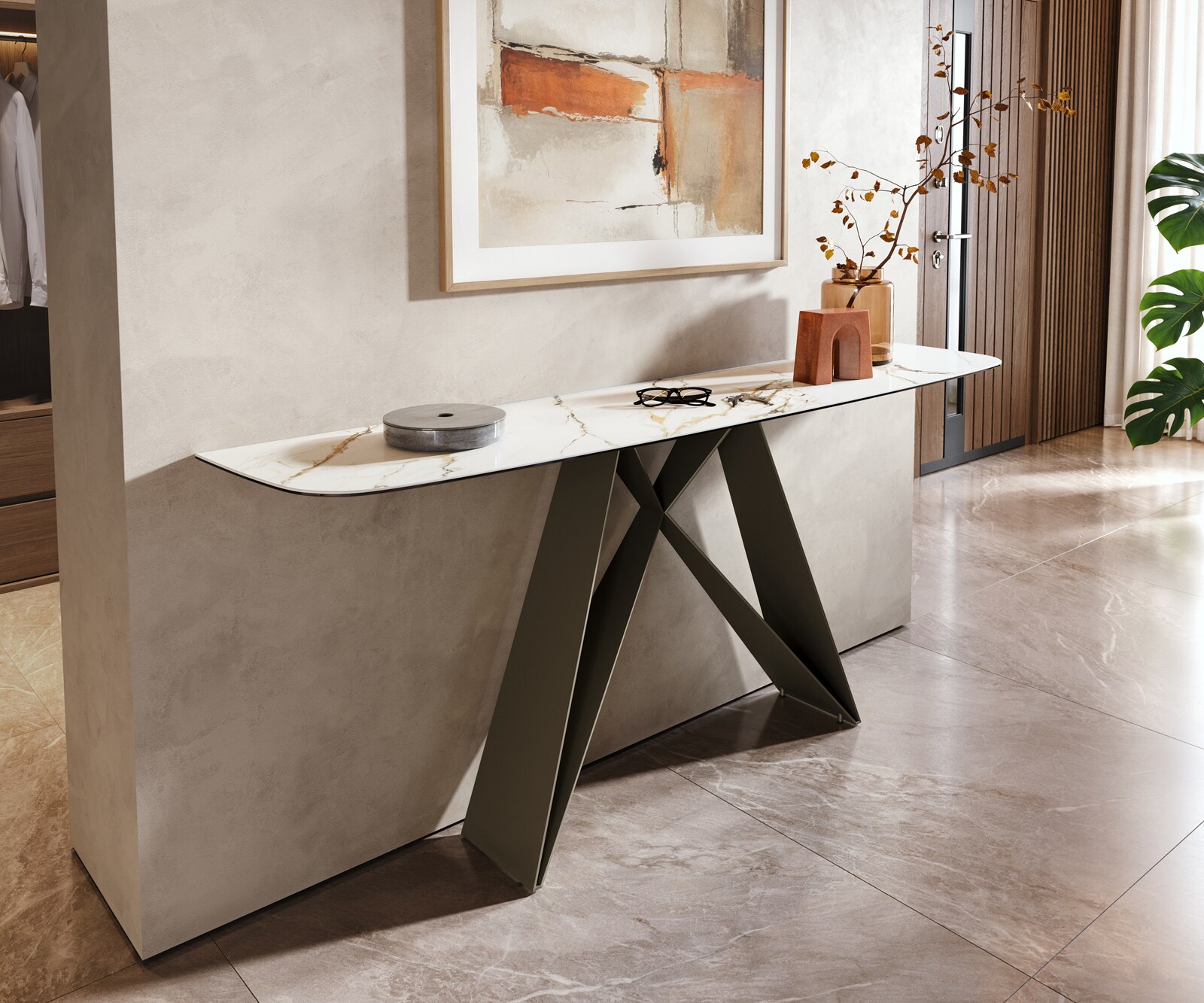 Consoletafel Edge Bootvorm 180x40 cm Keramiek Calacatta Luxe Weiß-Gold-Grijs Velio Metaal Effektfinish Titan 4