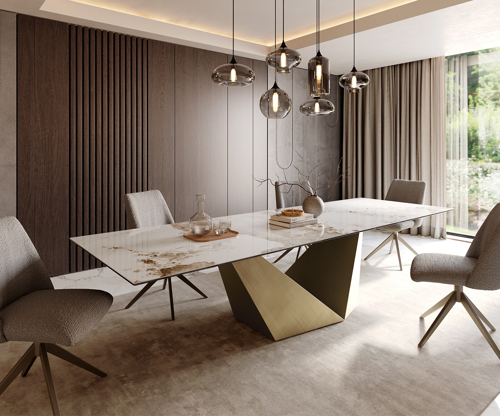 Eettafel Edge 300x100 keramiek  Minas Melange wit-beige  Prisma metaal goud 2