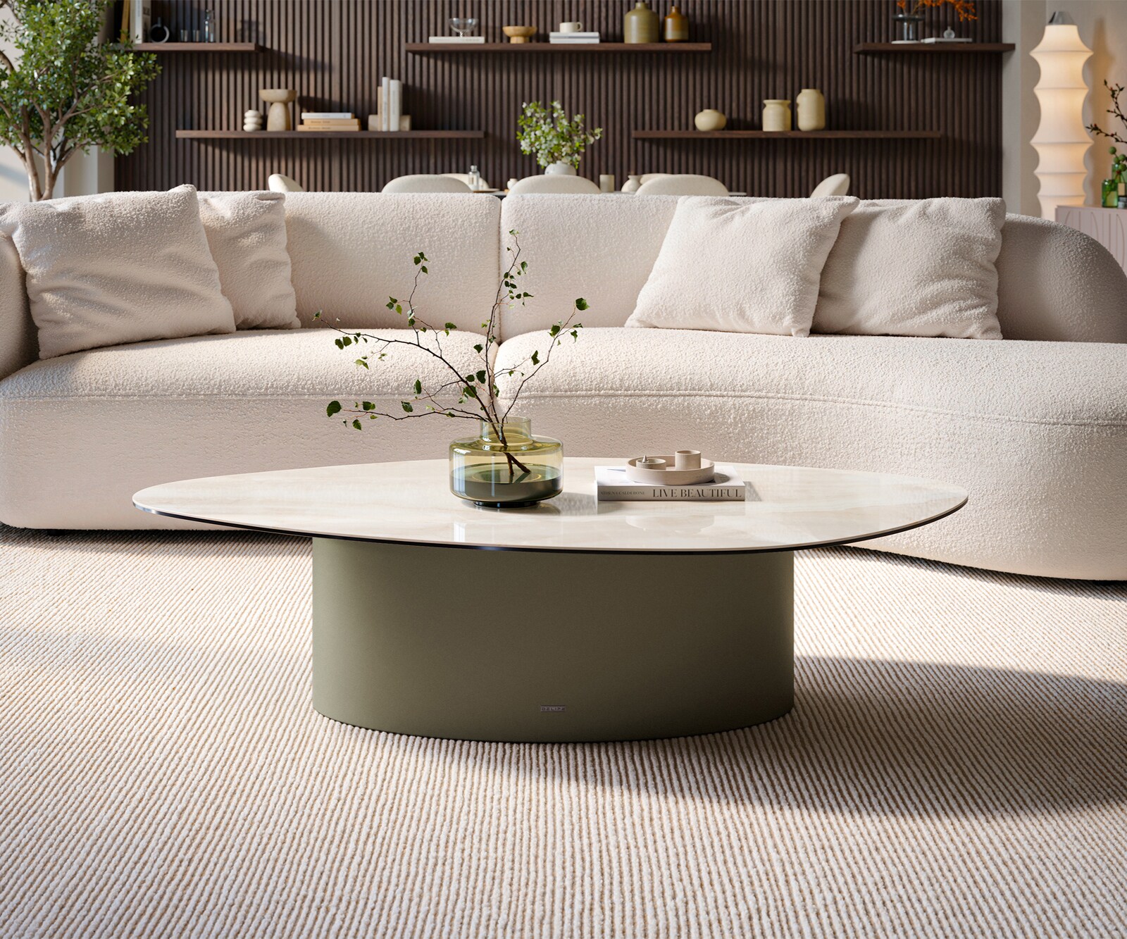 Salontafel Edge organisch 140x76 cm keramiek Onyx Champagne Casilda effectafwerking titaan