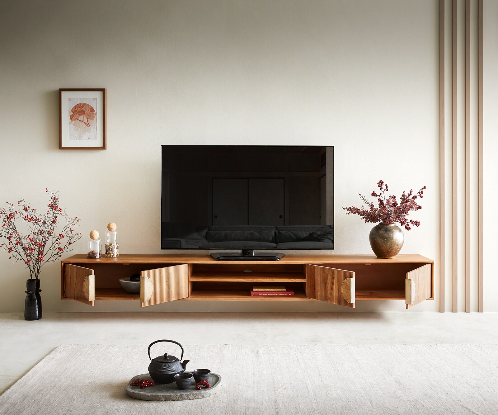 TV-meubel Surimu 240 cm acacia lichtbruin 4 deuren 2 vakken Kork-Griff zwevend 3