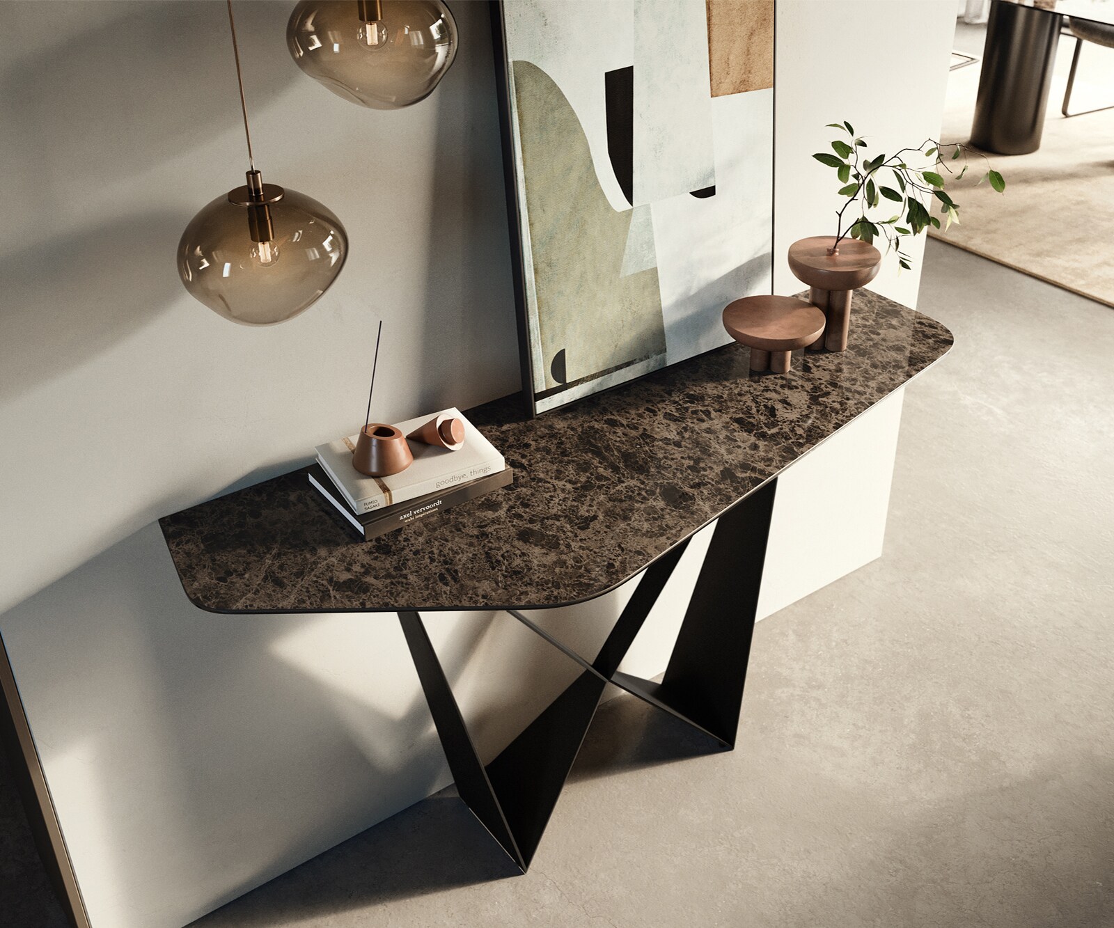 Consoletafel Edge Polygonaal 140x50 cm Keramiek Emperador Extra Lucidato Dunkelbraun Spios Metaal Zwart 1