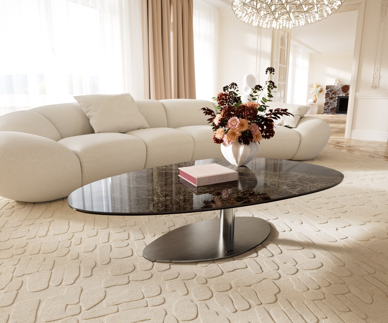 Salontafel Edge Oval 140x75 cm keramiek Laminam® Emperador Extra Lucidato donkerbruin Vibany geborsteld roestvrij staal 1