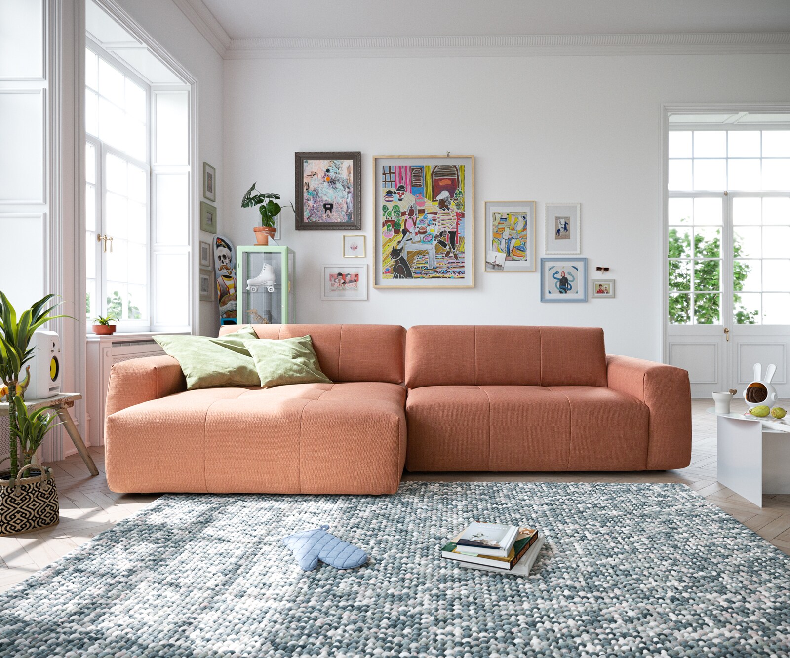 Hoekbank Lazaro 300x160 cm geweven oranje voetenbank links met zitdiepteverstelling 1