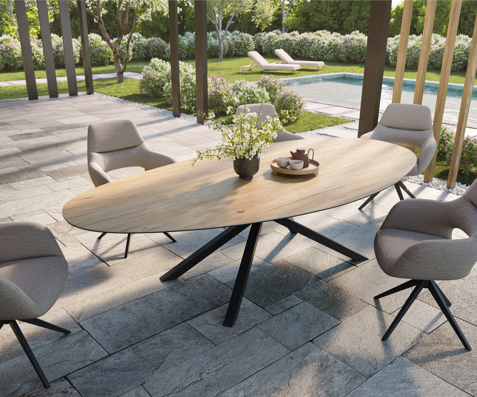 Outdoortafel Edge Ovaal 280x130 cm keramiek Laminam® Sabbia eikenkleurig kruispoot rechthoekig zwart