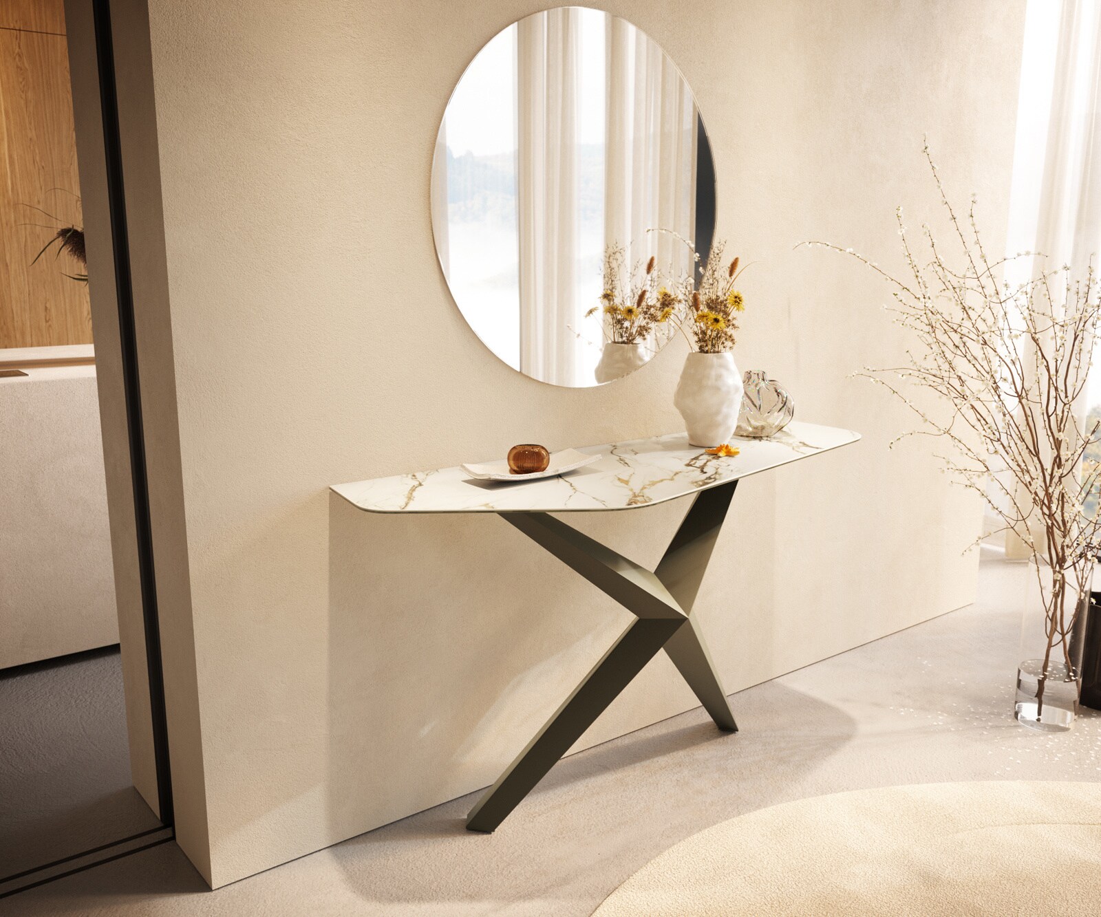 Consoletafel Edge Polygonaal 140x50 cm Keramiek Calacatta Luxe Weiß-Gold-Grijs Zentharo Metaal Effektfinish Titan 4