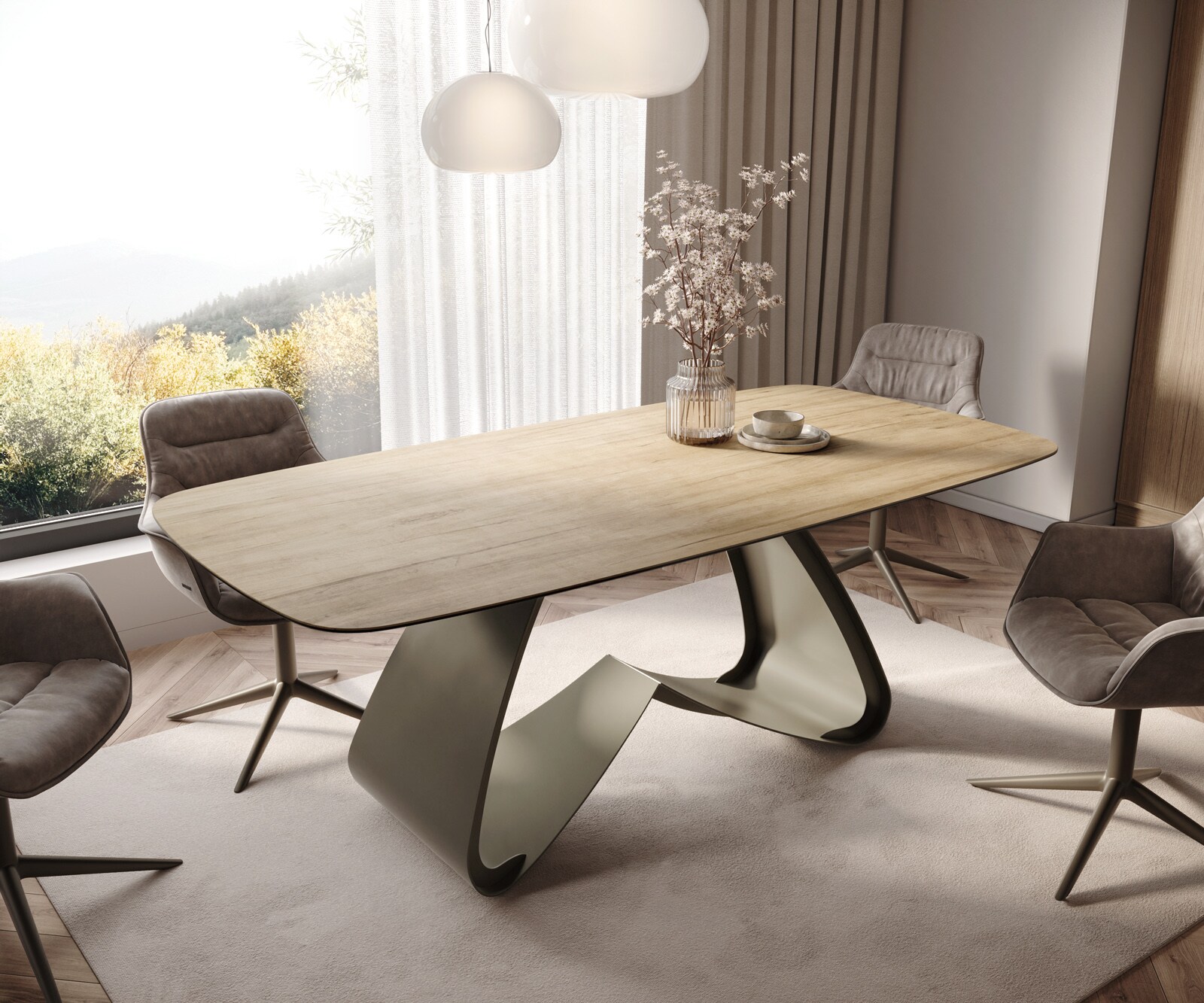 Eettafel Edge Boot 200x100 keramiek  Laminam® Sabbia Eichefarbig W-frame metaal effectafwerking Titan 1