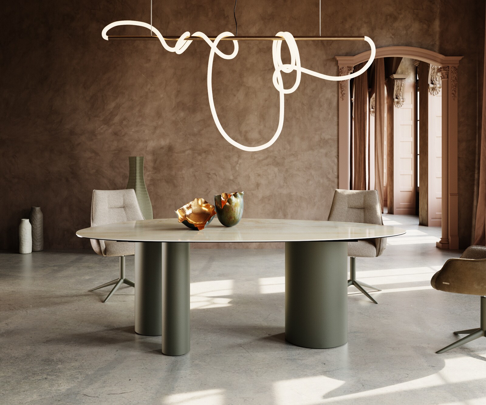 Eettafel Edge Oval 220x120 keramiek  Iris FMG Onice Oro Troa metaal effectafwerking Titan 1
