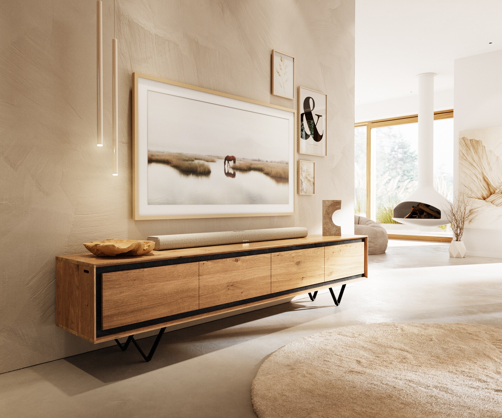 Tv-meubel Stonegrace 200 cm eiken natuur 4 deuren steenfineer V-poot metaal zwart
