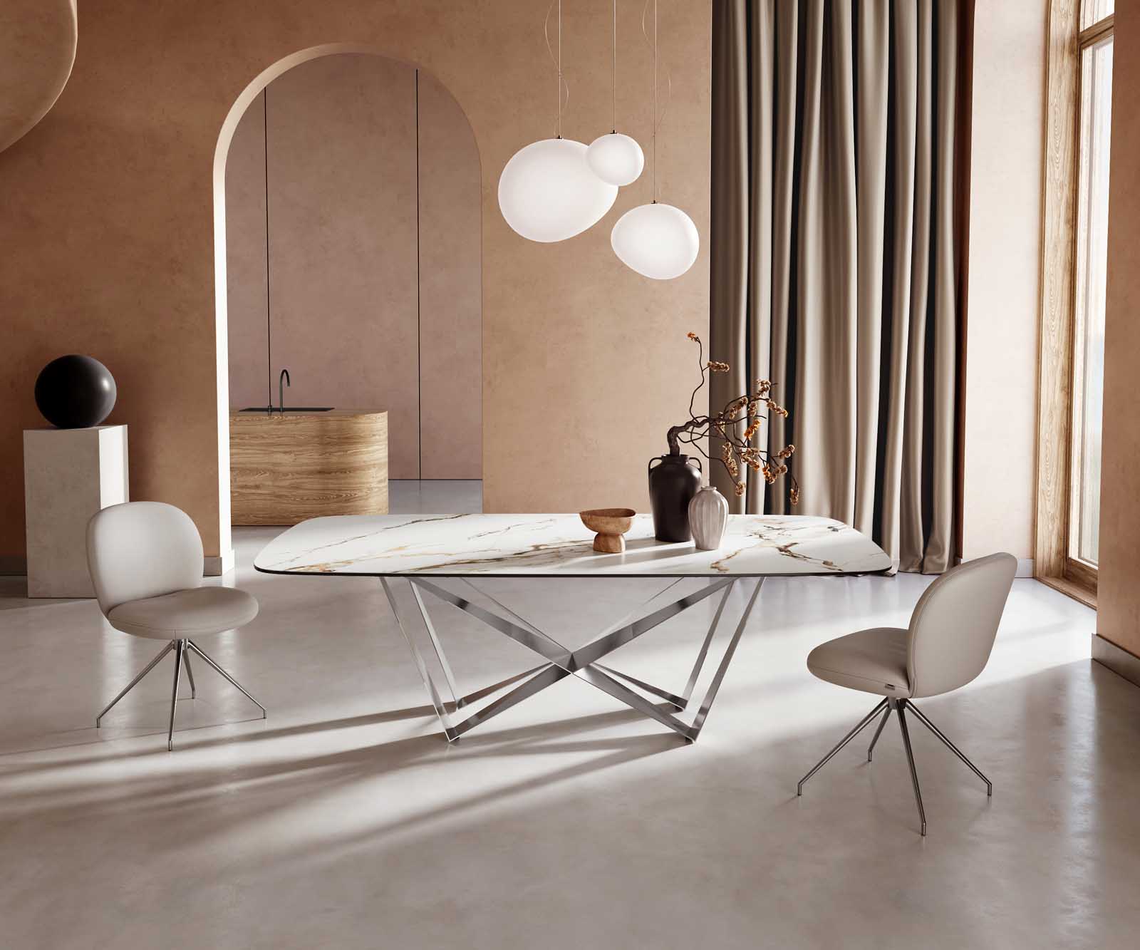 Eetkamertafel Edge Boot 240x120 keramiek Calacatta Luxe wit-goud-grijs spider vlak staal RVS