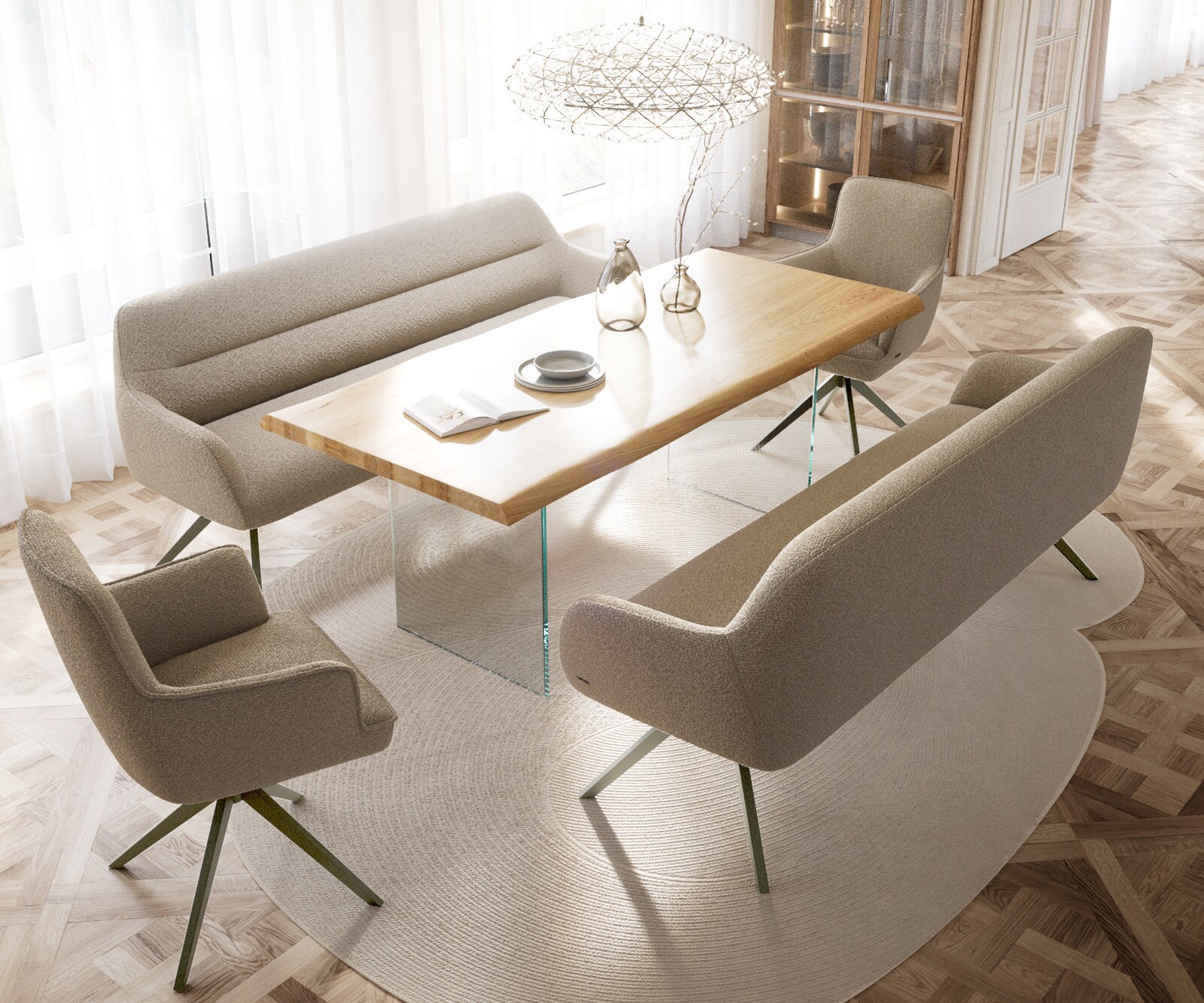 Eetkamerbank Taya-Flex 200 cm bouclé mud hoekig kruisframe afwerking met titaniumeffect pocketvering 4