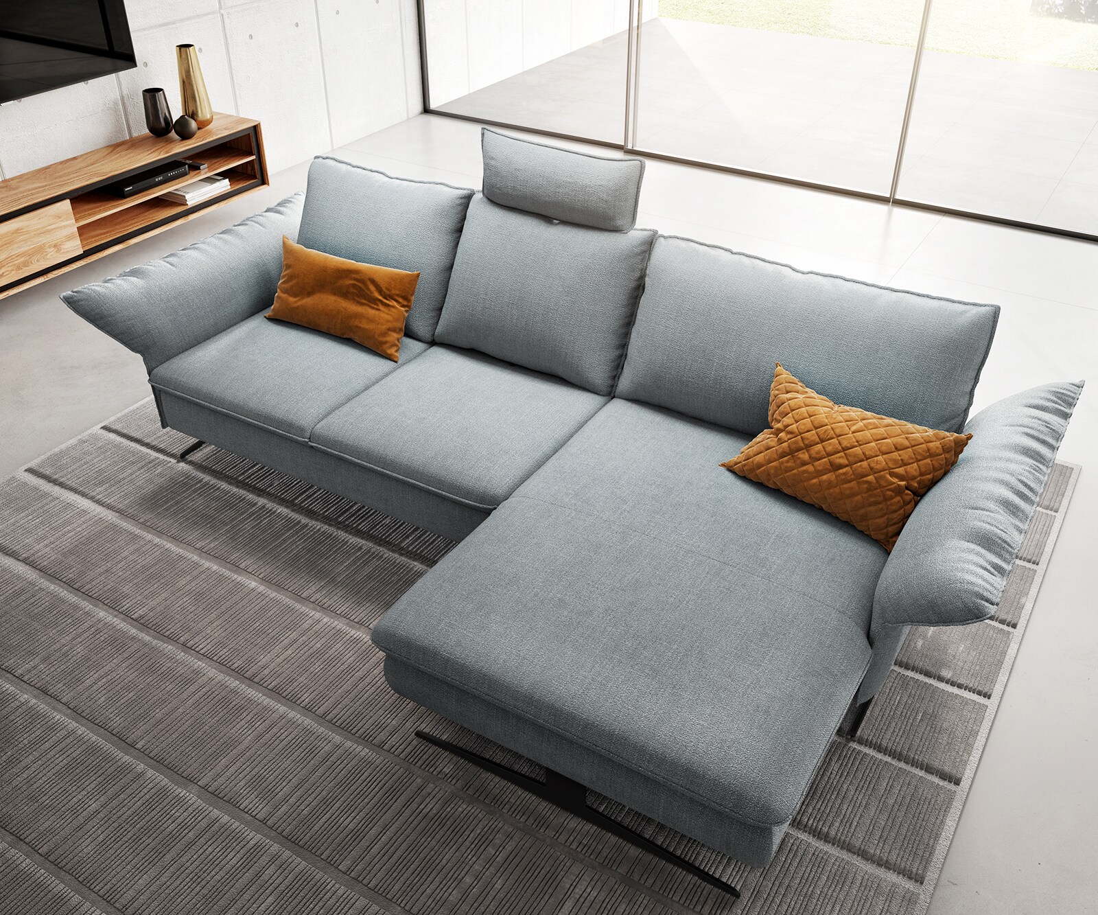 Eckcouch Nerio vlak geweven stof pastelblauw 300 x 190 cm recamière rechts 5