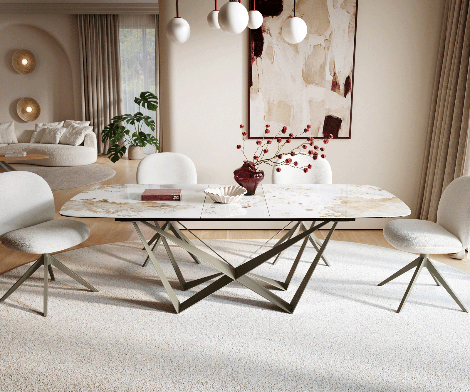 Eettafel Edge Boot 180-220x100 cm Keramiek Minas Melange Wit-Beige Spider Metaal Effectafwerking Titan uitschuifbaar 2