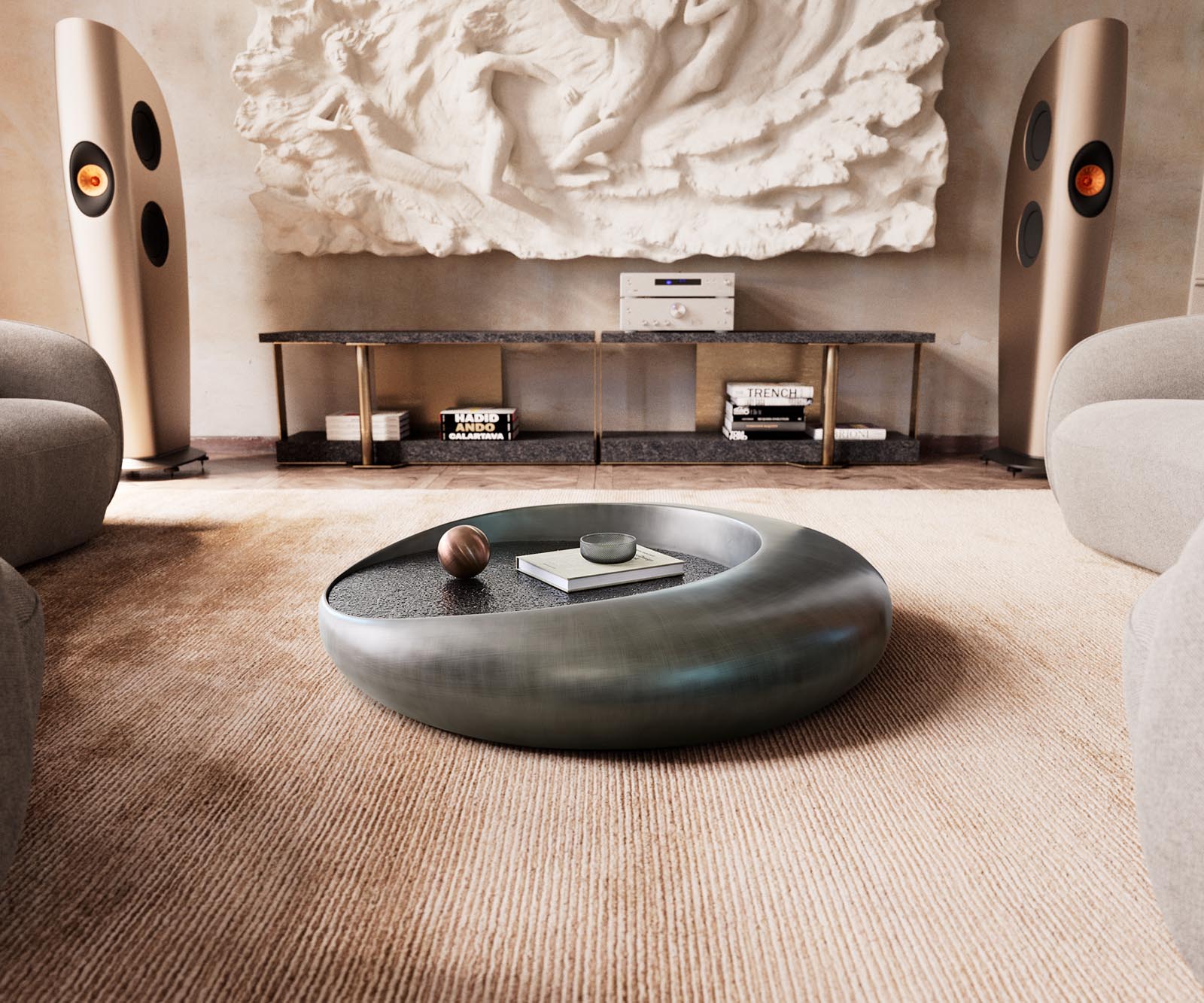 Salontafel Blaise 100x100 cm Zilver met reliëfglas grijs 1 Salontafel Blaise 100x100 cm Zilver met reliëfglas grijs 1