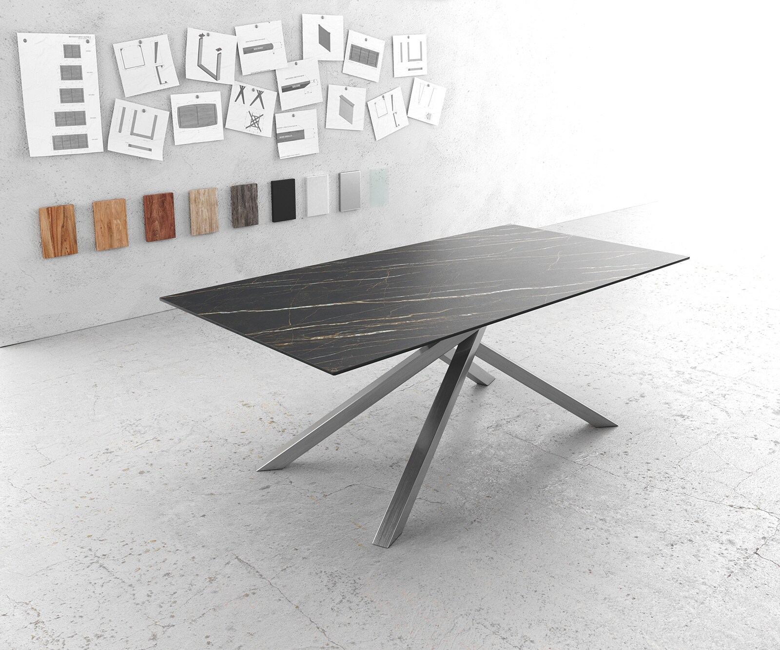 Eettafel Edge 200x100cm Laminam® keramiek bruin middenpoot kruis zilver 1