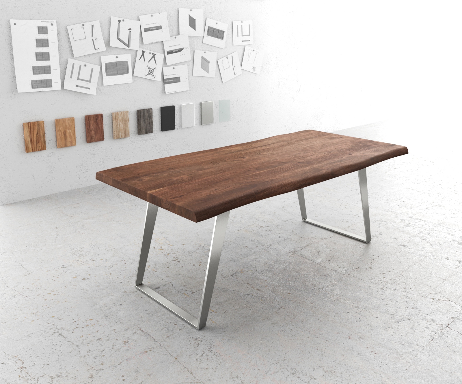 Eettafel Edge 200x100 XL acacia bruin roestvrijstaal schuin Live-Edge Eettafel Edge 200x100 XL acacia bruin roestvrijstaal schuin Live-Edge